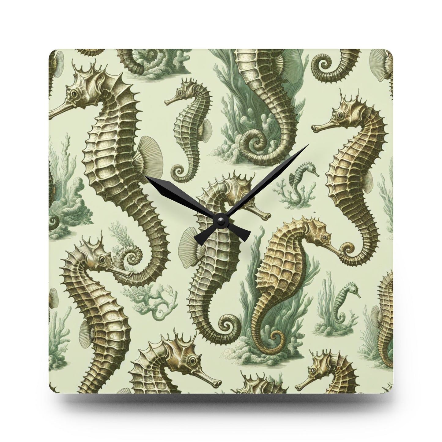 Acrylic Wall Clock, Green Toile Seahorses