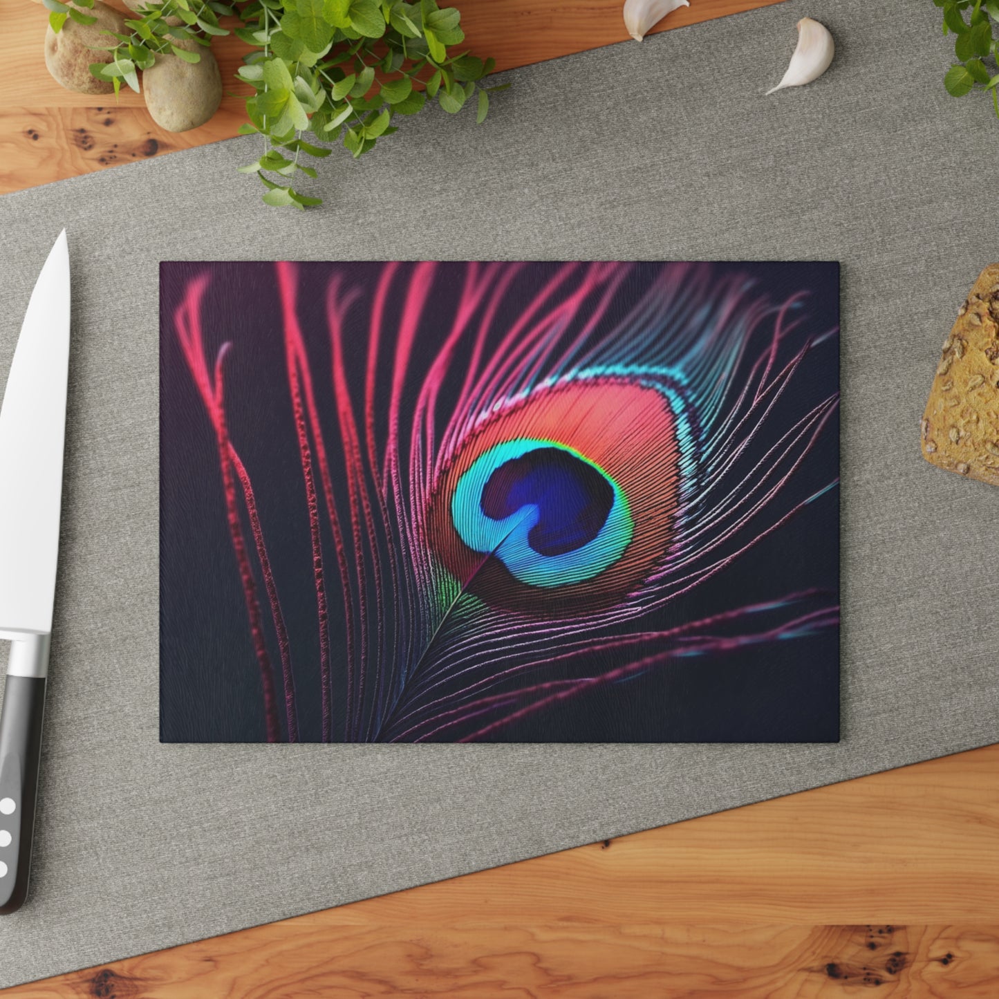 Glass Cutting Board, 2 sizes - Peacock Eye Feather, Magenta