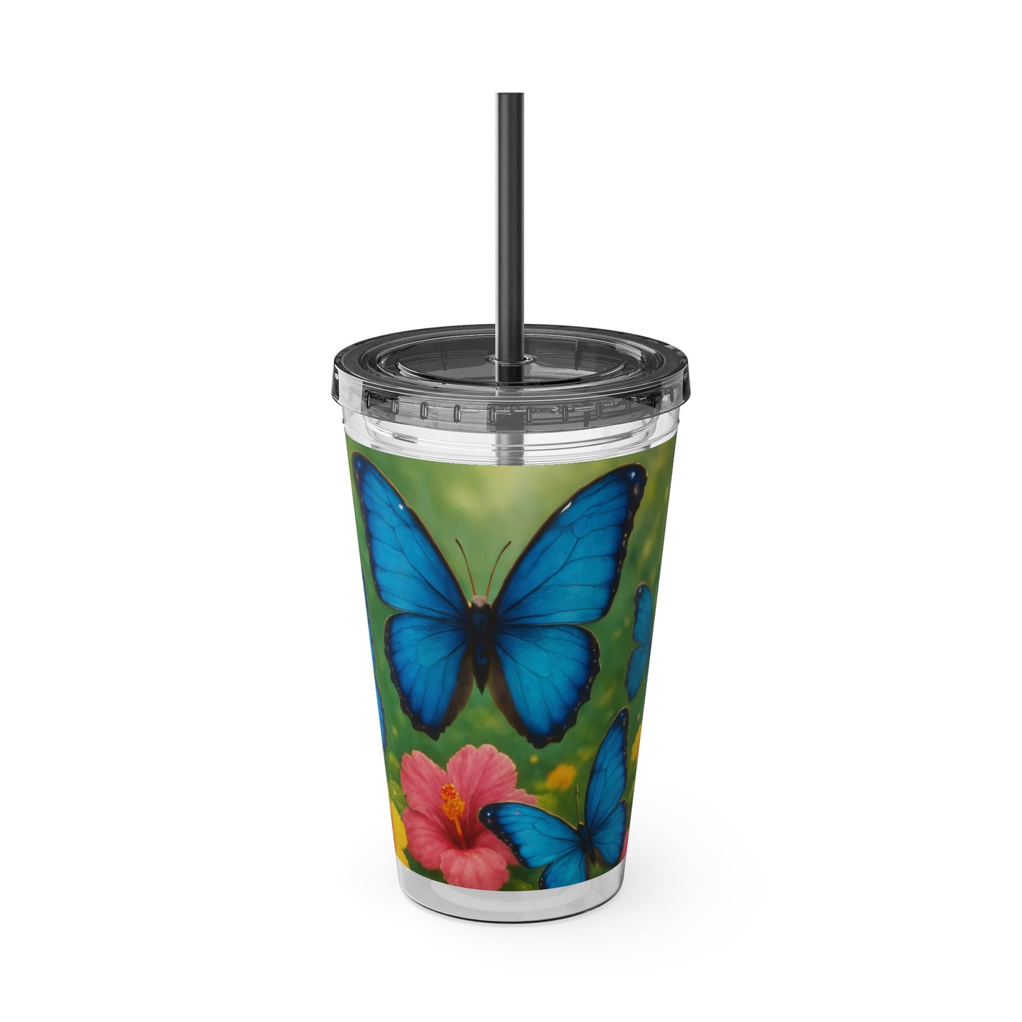 Tropical Tumbler with Straw | 16oz Colorful Travel Cup / Morpho Butterflies Flight