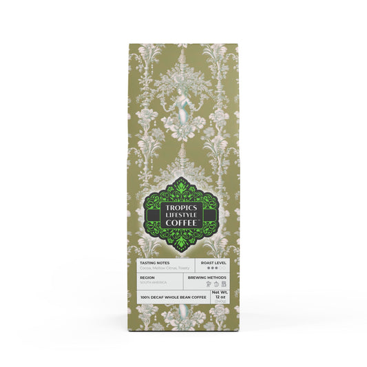 Rainforest Mist™ Single Origin DECAF (Medium Roast), Specialty Grade Craft Coffee / Pearl Lady Toile, Highborn Green