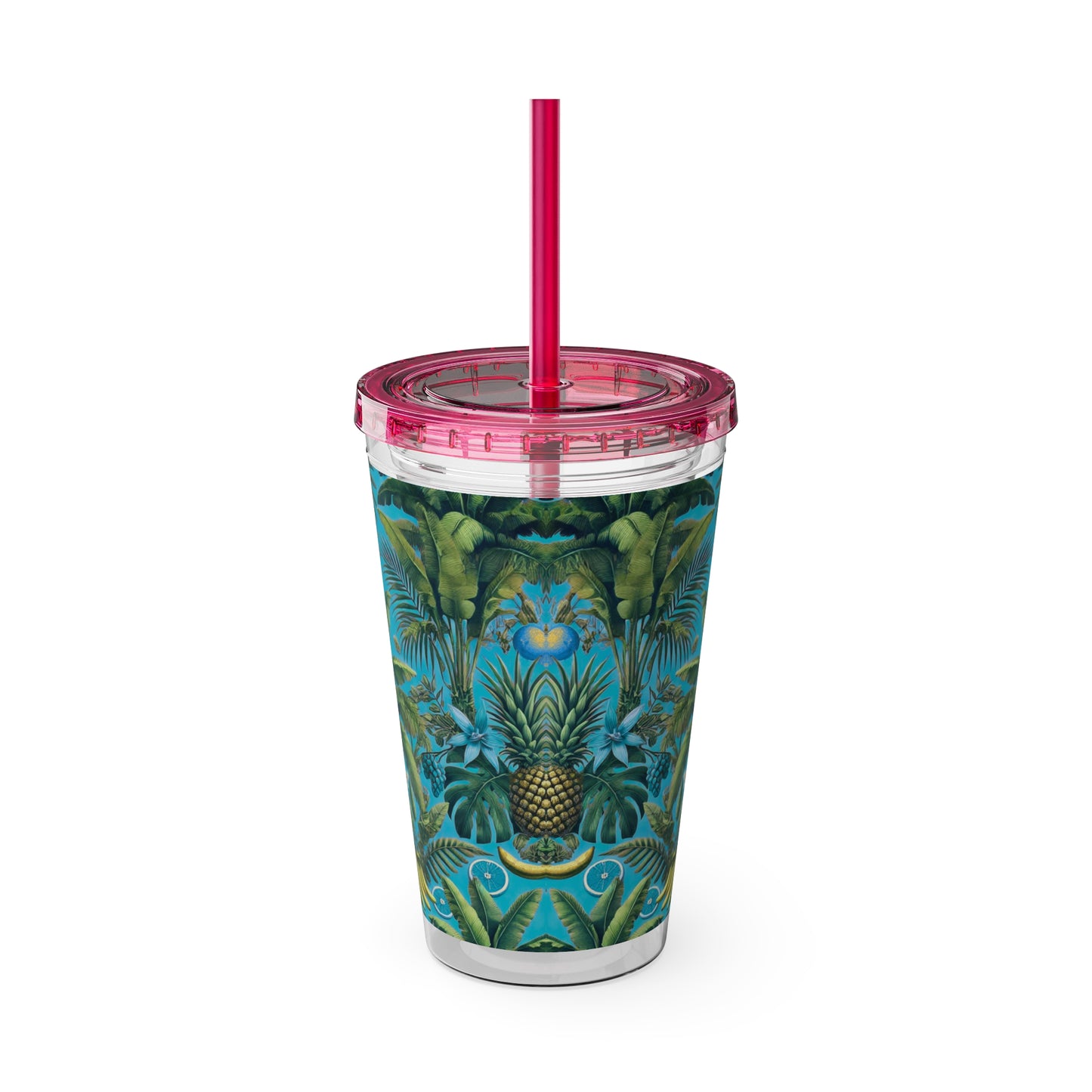 Tropical Tumbler with Straw | 16oz Colorful Travel Cup / More Tropical Fruit, Aqua Blue