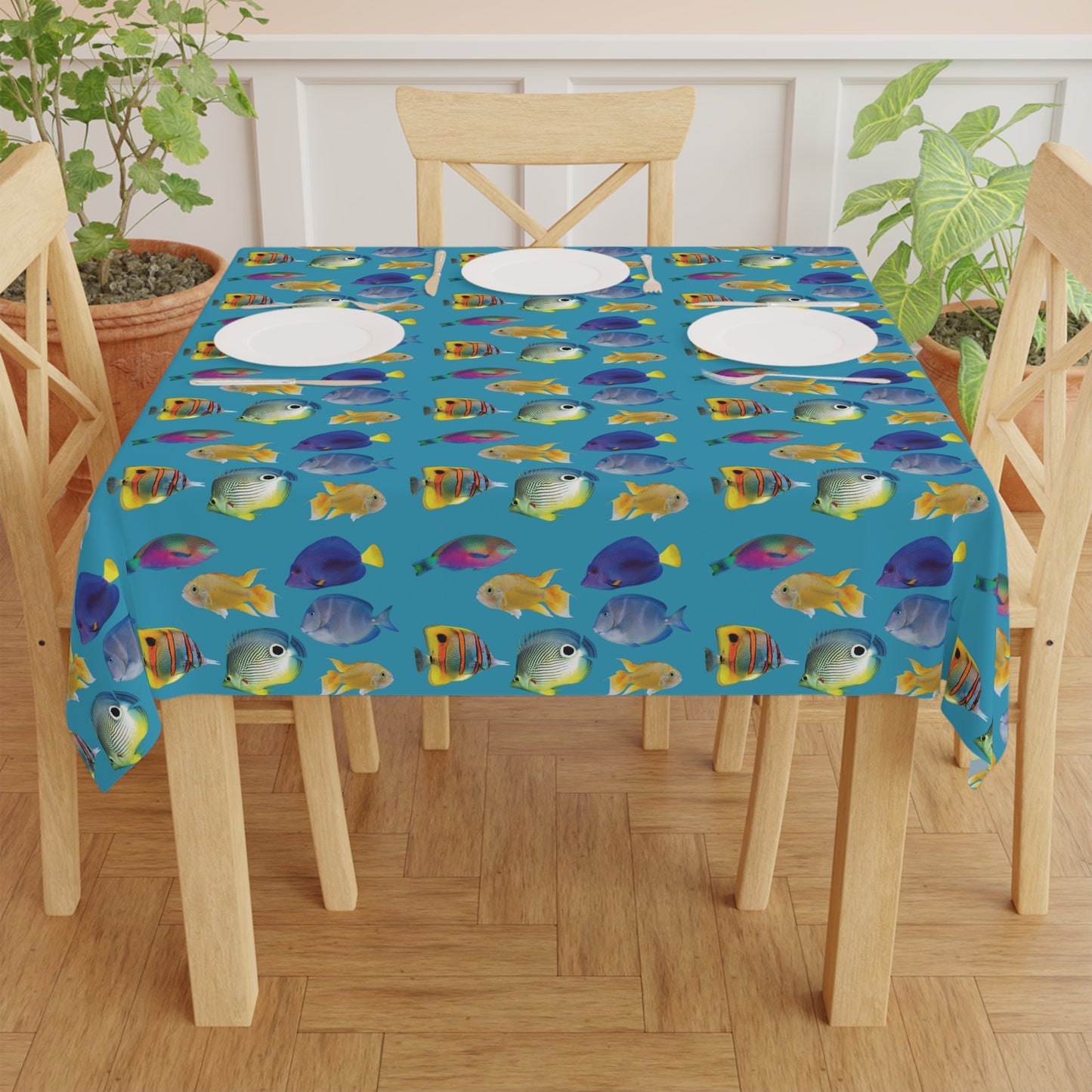 School of Fish/Turquoise Tablecloth, 55" x 55"