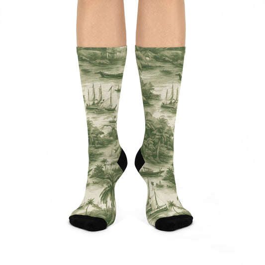 Cushioned Crew Socks - Tropical Toile, Green