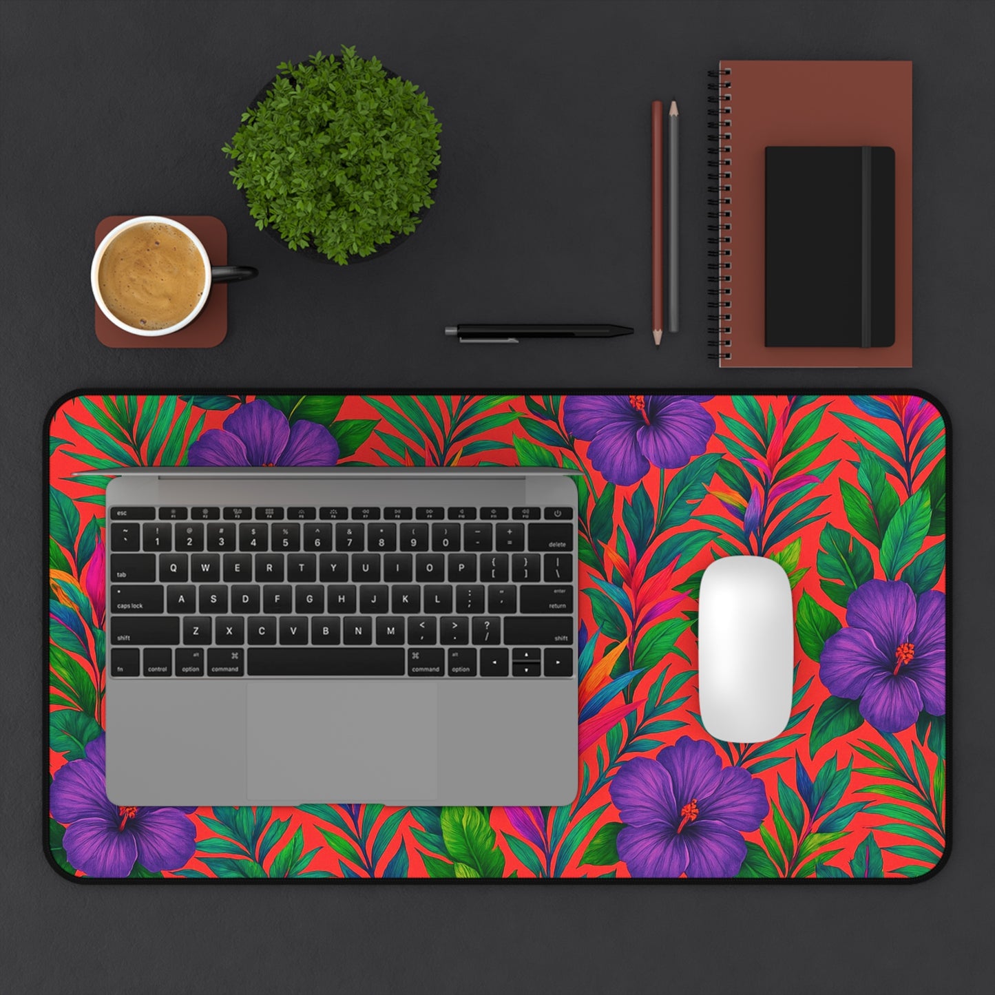 Tropical Paradise Desk Mat, 3 Sizes - Perfect for Home Office - Midnight Flower Coral