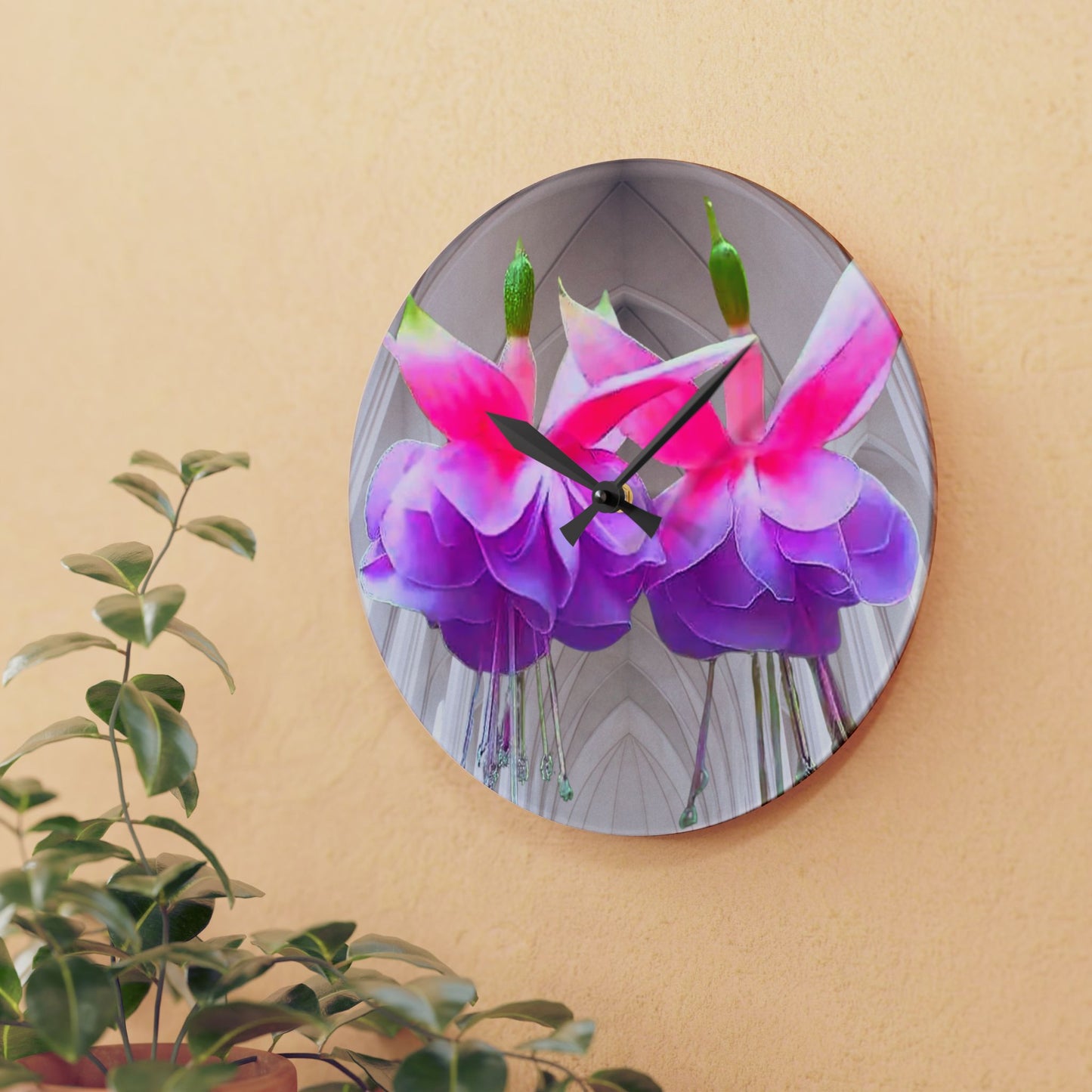 Acrylic Wall Clock, Two Fuchsias, 4 Variants