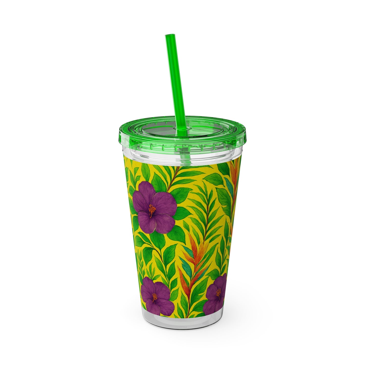 Tropical Tumbler with Straw | 16oz Colorful Travel Cup / Midnight Flower Yellow