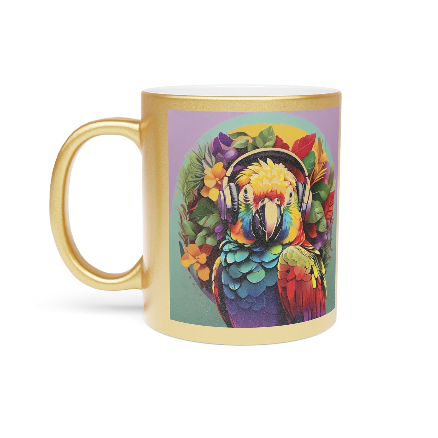 Tropical Metallic Mug, Gold or Silver: Rockin' Out Parrot