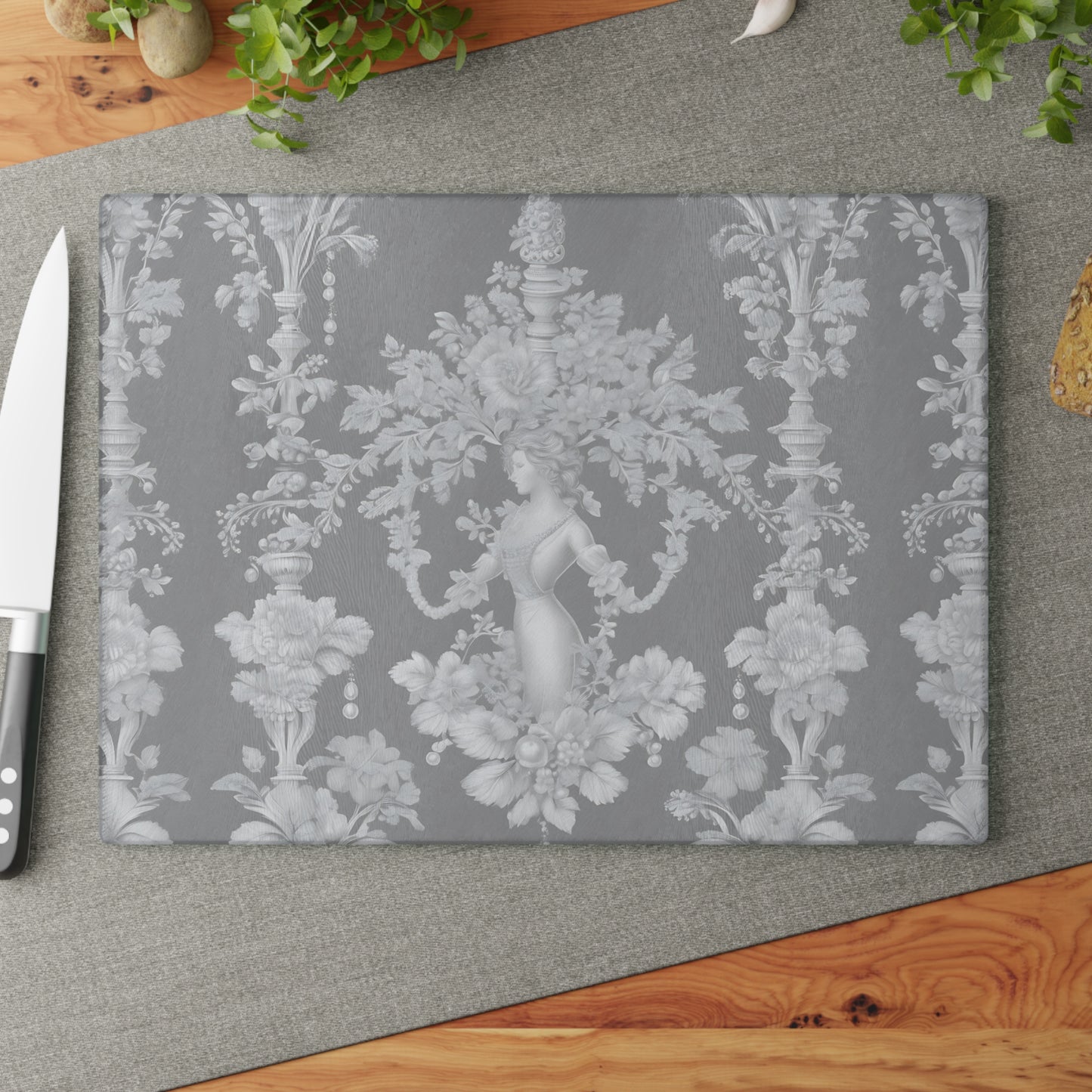 Glass Cutting Board, 2 sizes - Pearl Lady Toile, slate