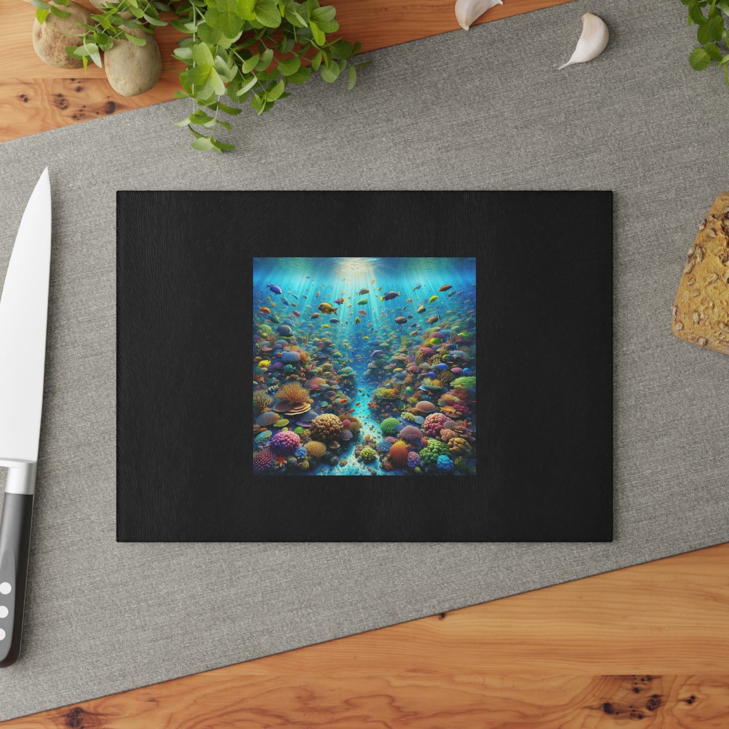 Glass Cutting Board, 2 sizes - Busy Coral Reef/Black