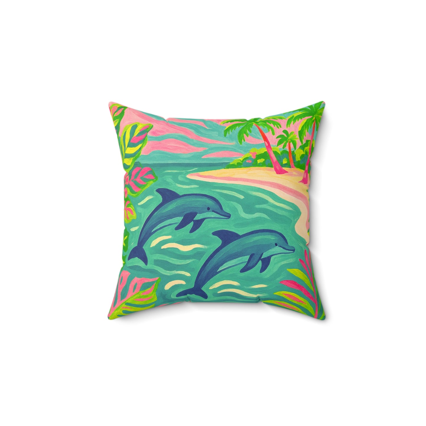 Tropical Pillow, 4 sizes - Colorful Spun Polyester Square Cushion / Jumping Dolphins