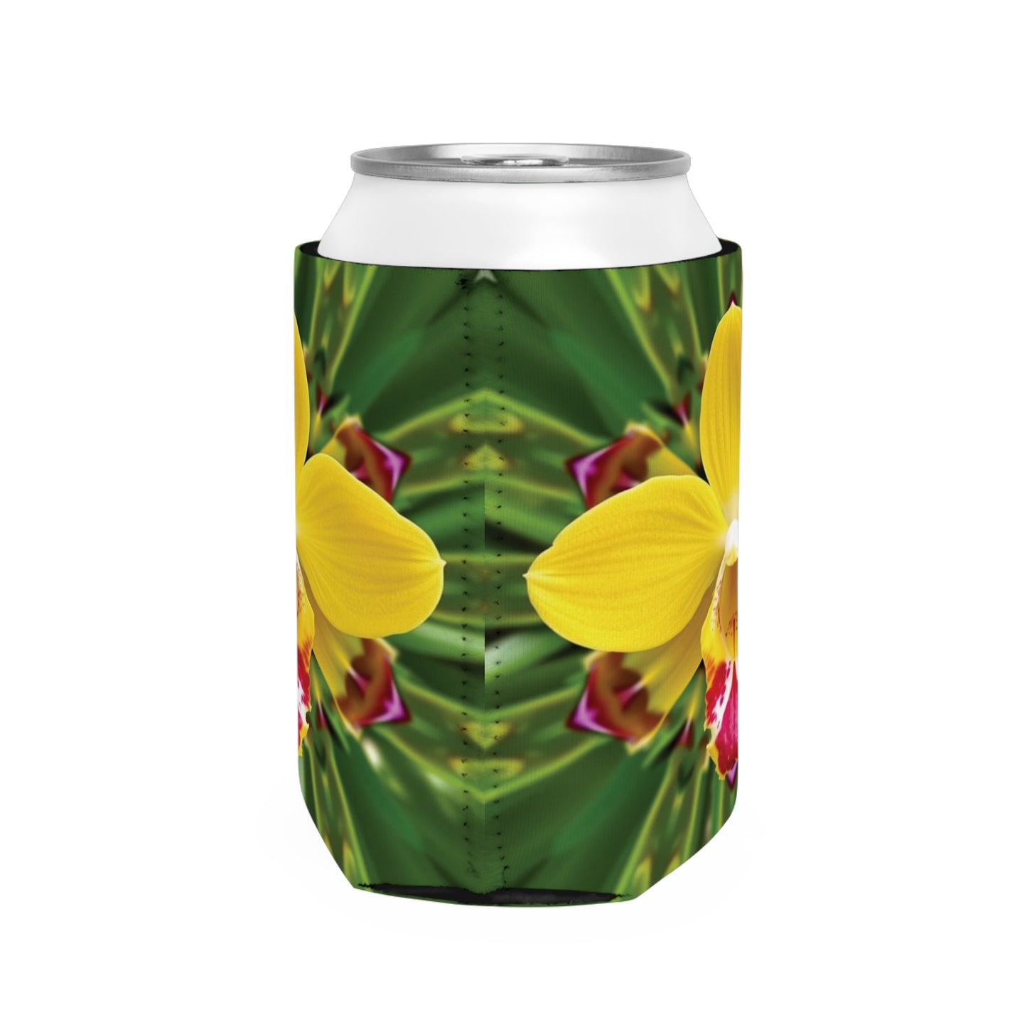 Kaleido Yellow Orchid Can Cooler Sleeve - Perfect for Outdoor Picnics