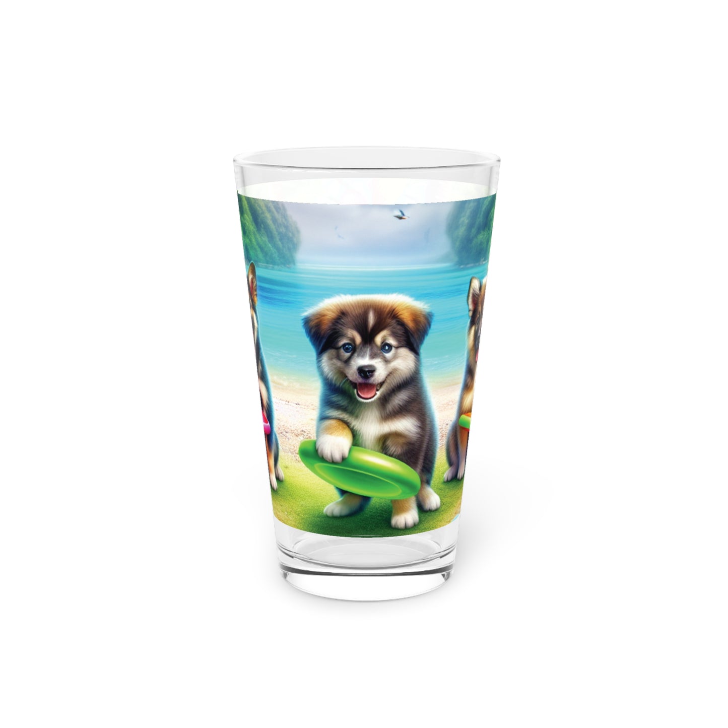 Pint Glass, 16oz - Puppies Playing Frisbee