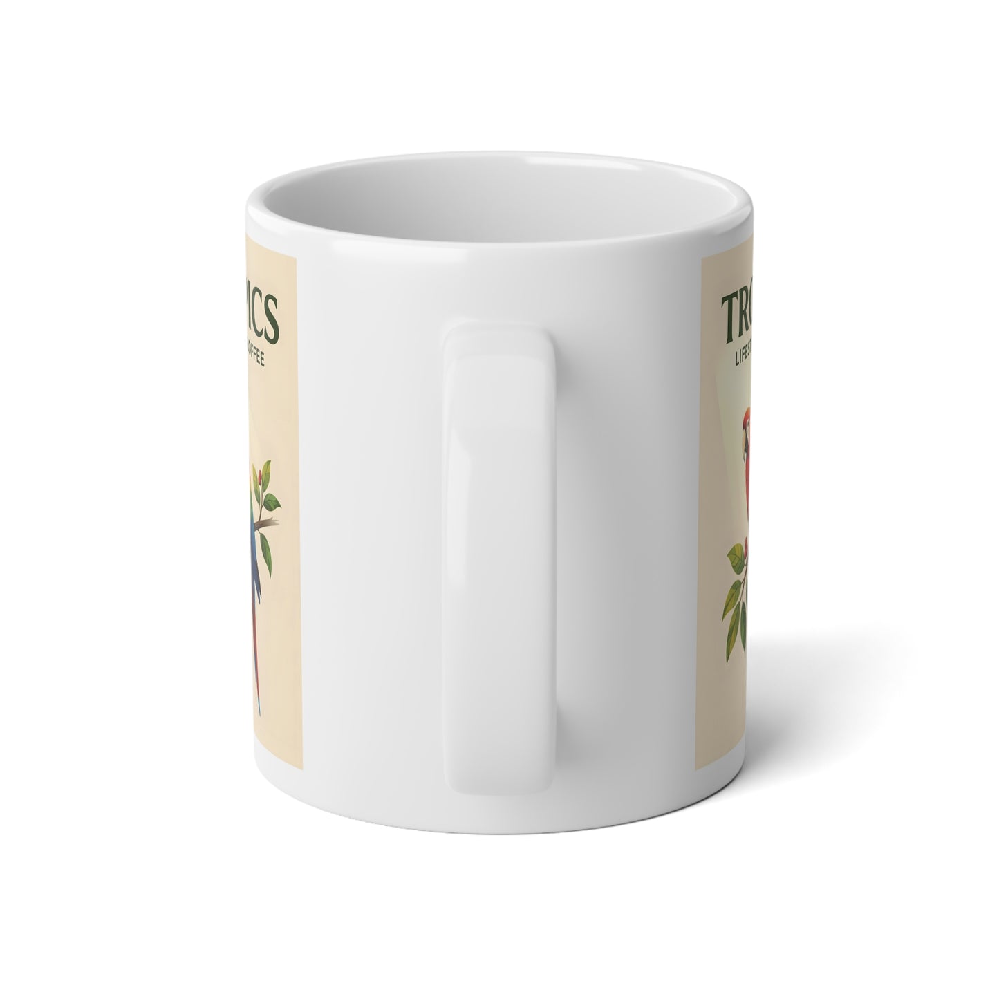 Jumbo Mug, 20oz, Colorful Parrot on Branch TLCoffee Logo | Tropical Coffee Cup