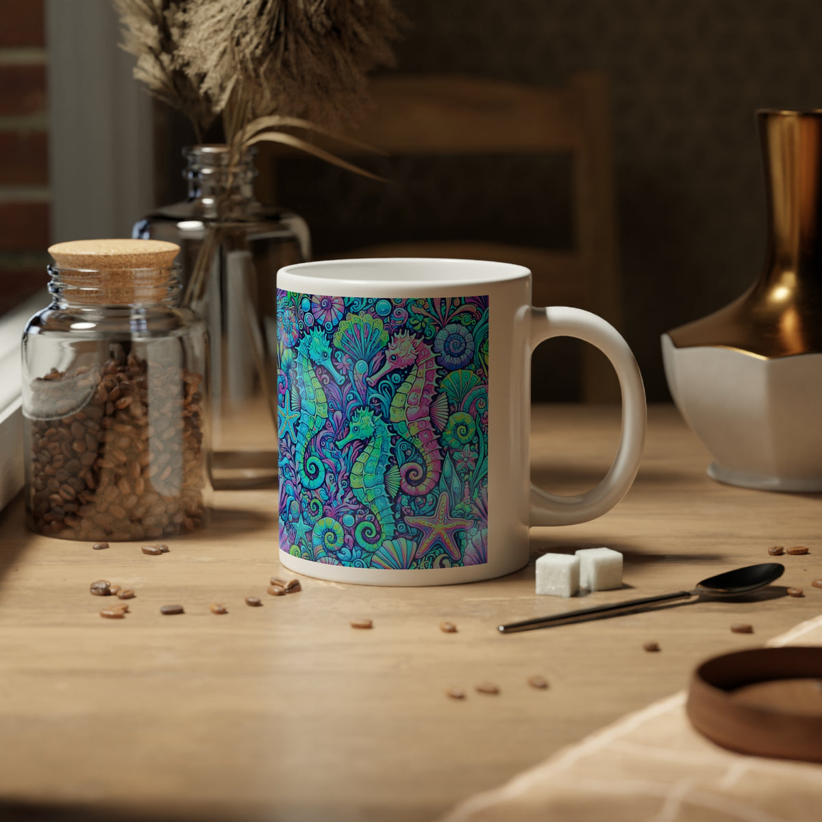 Jumbo Mug, 20oz, Turquoise Pop Seahorses | Tropical Coffee Cup