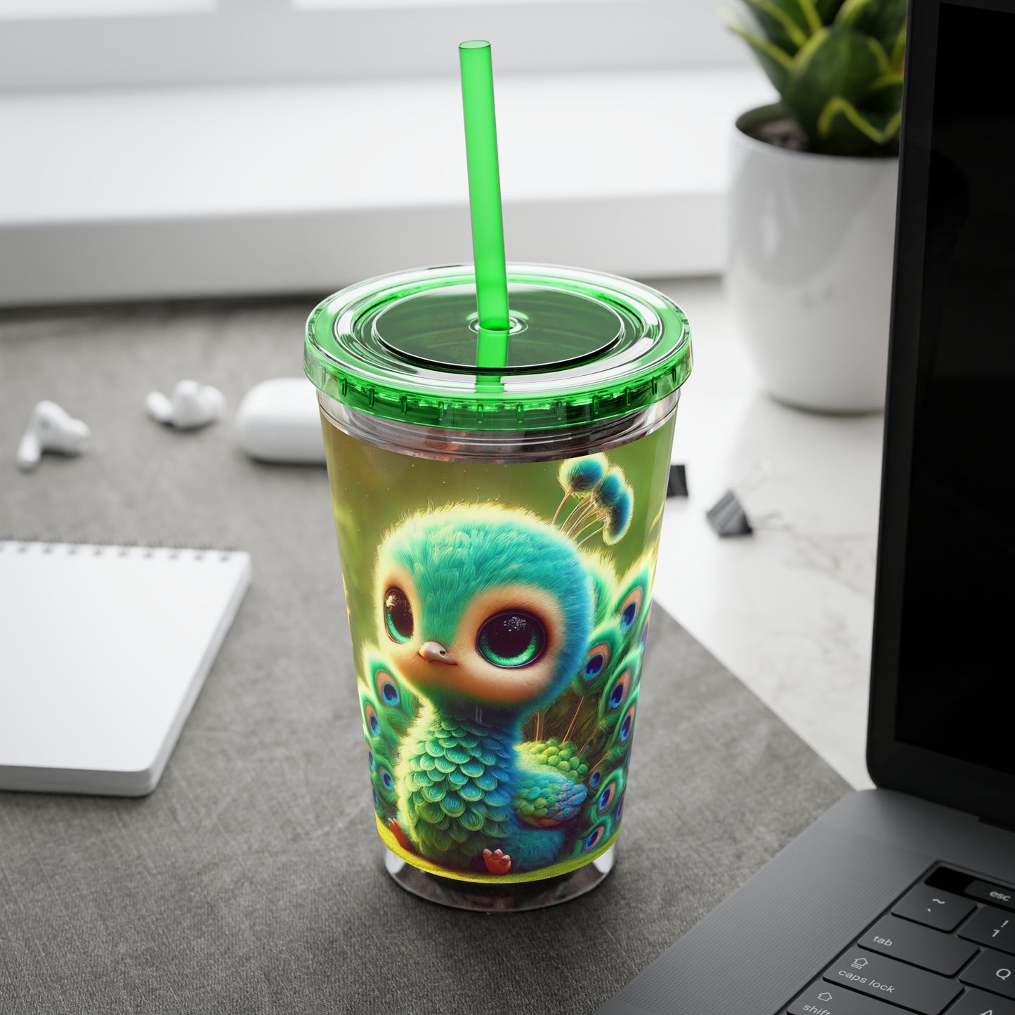 Tropical Tumbler with Straw | 16oz Colorful Travel Cup / Baby Peacock