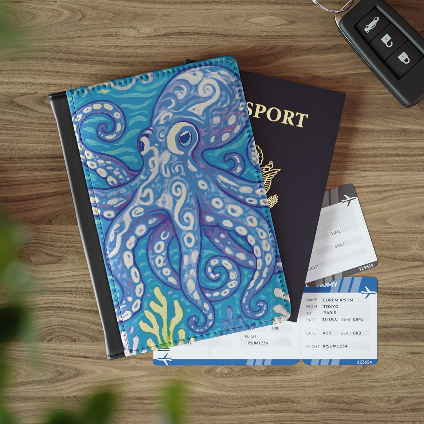 Tropical Passport Cover, Faux Leather - RFID blocking for travel security / Octopus Kraken Joe, Blue