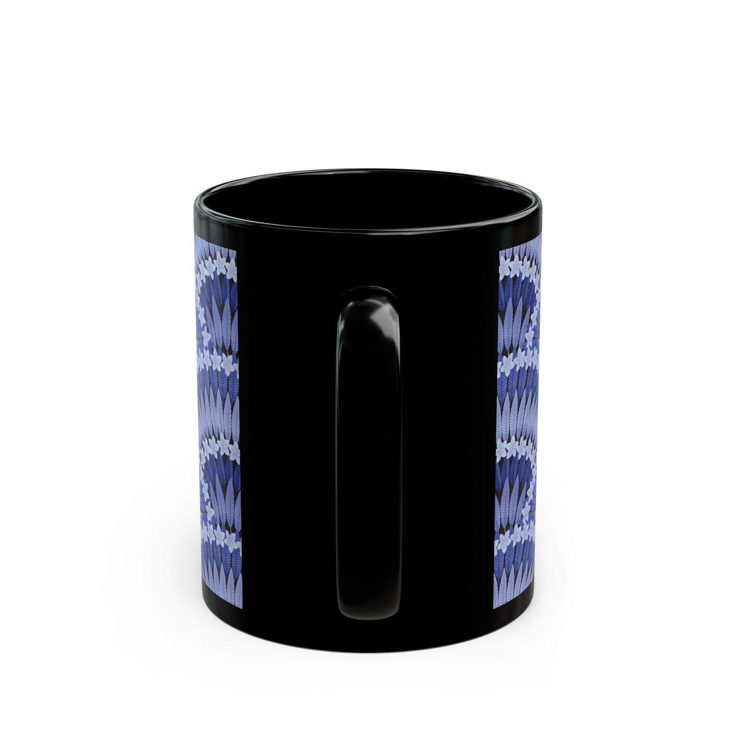 Black Mug (11oz, 15oz), Plumeria and Palms, Navy Blue