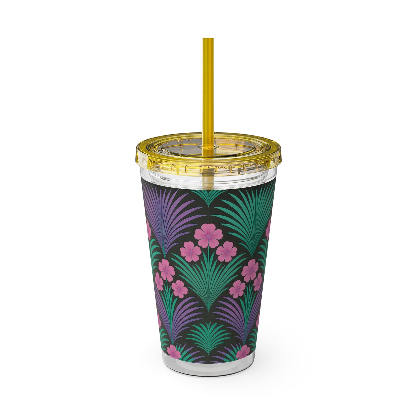 Tropical Tumbler with Straw | 16oz Colorful Travel Cup / Midnight Hibiscus Deco, Pink