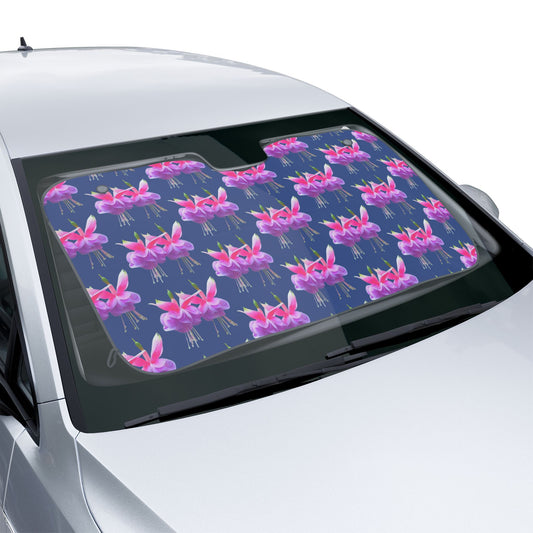 Tropical Floral Car Sun Shades / Two Fuchsias, Dark Blue