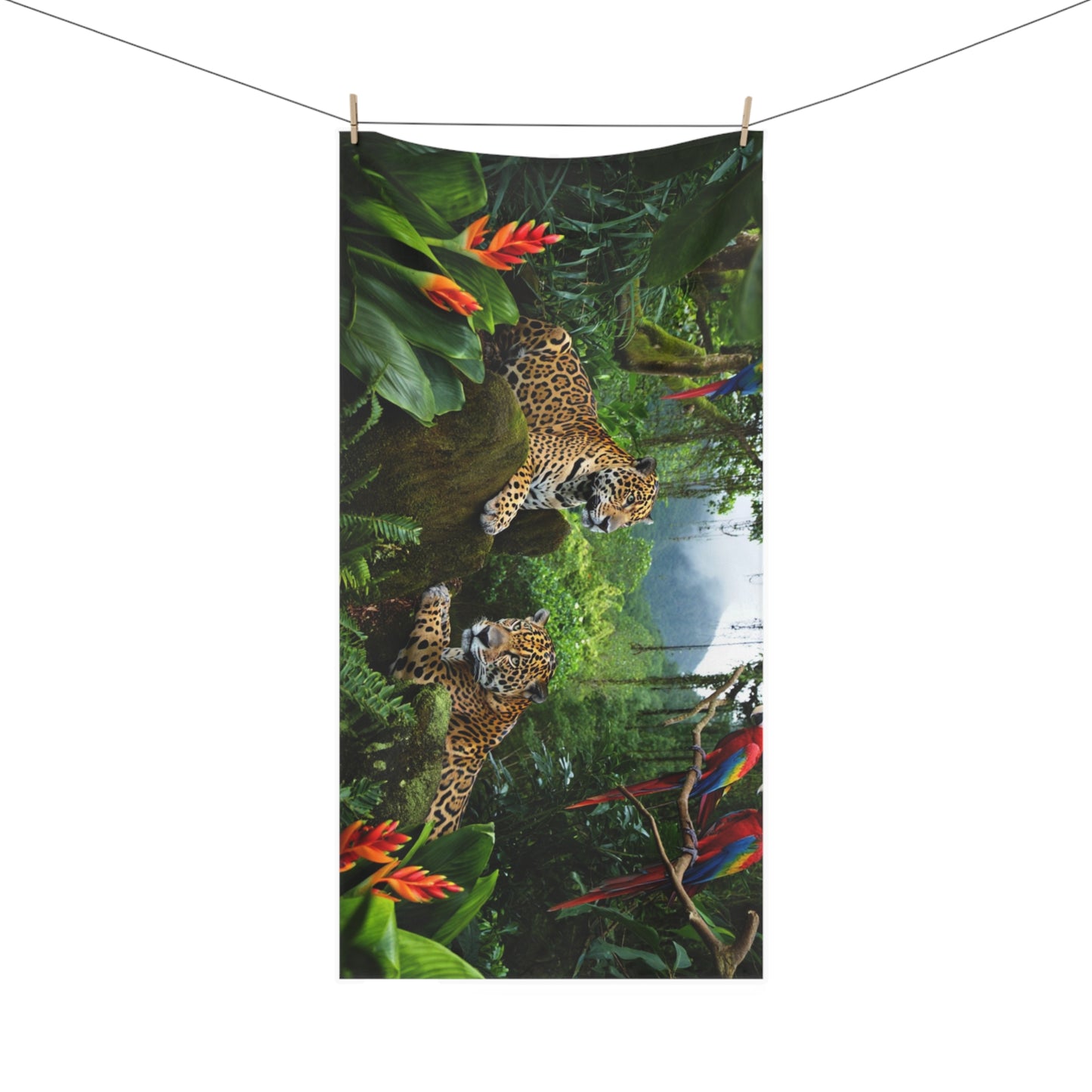 Tropical-Inspired Mink-Cotton Towel - Soft & Absorbent, Jaguars and Parrots