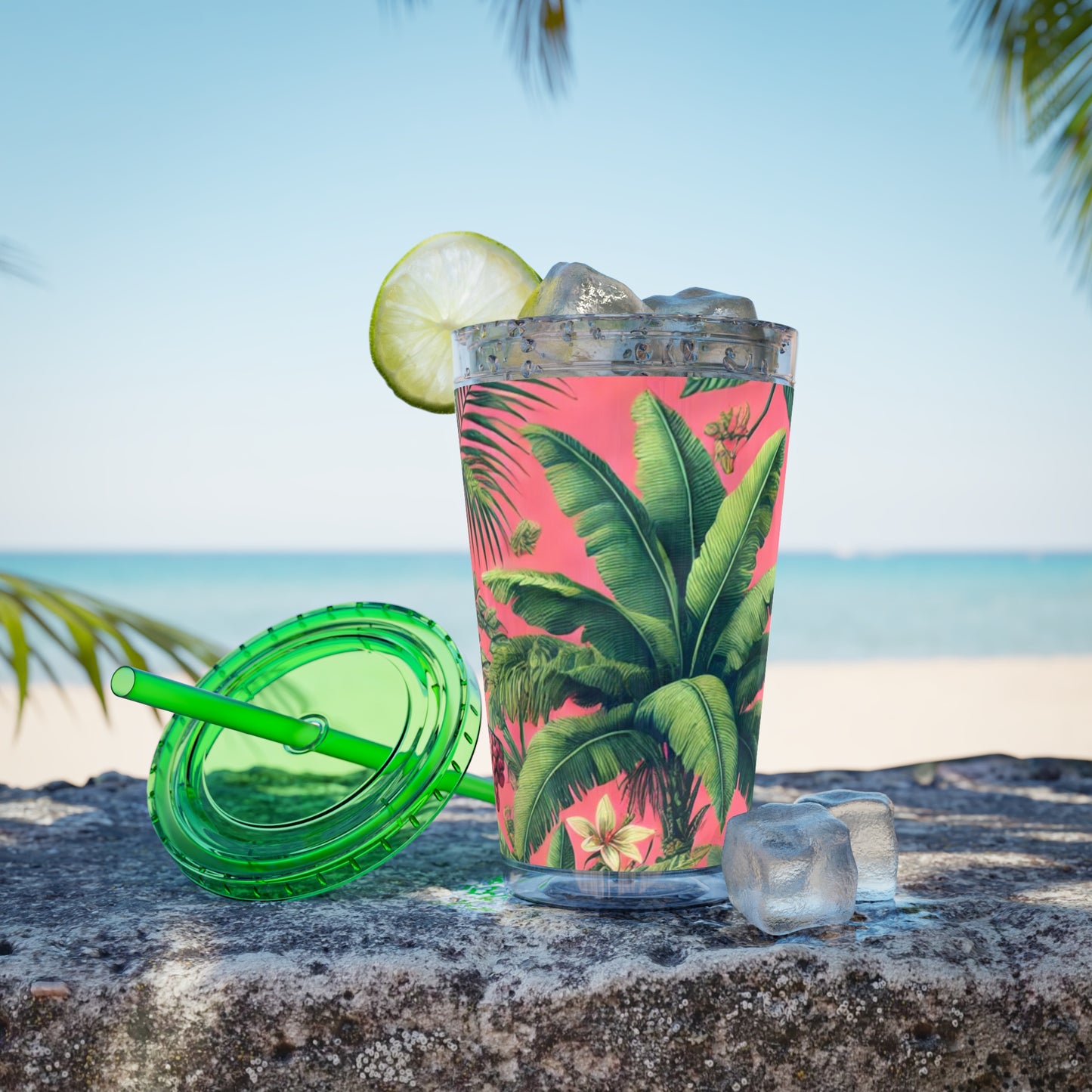 Tropical Tumbler with Straw | 16oz Colorful Travel Cup / More Tropical Fruit, Coral