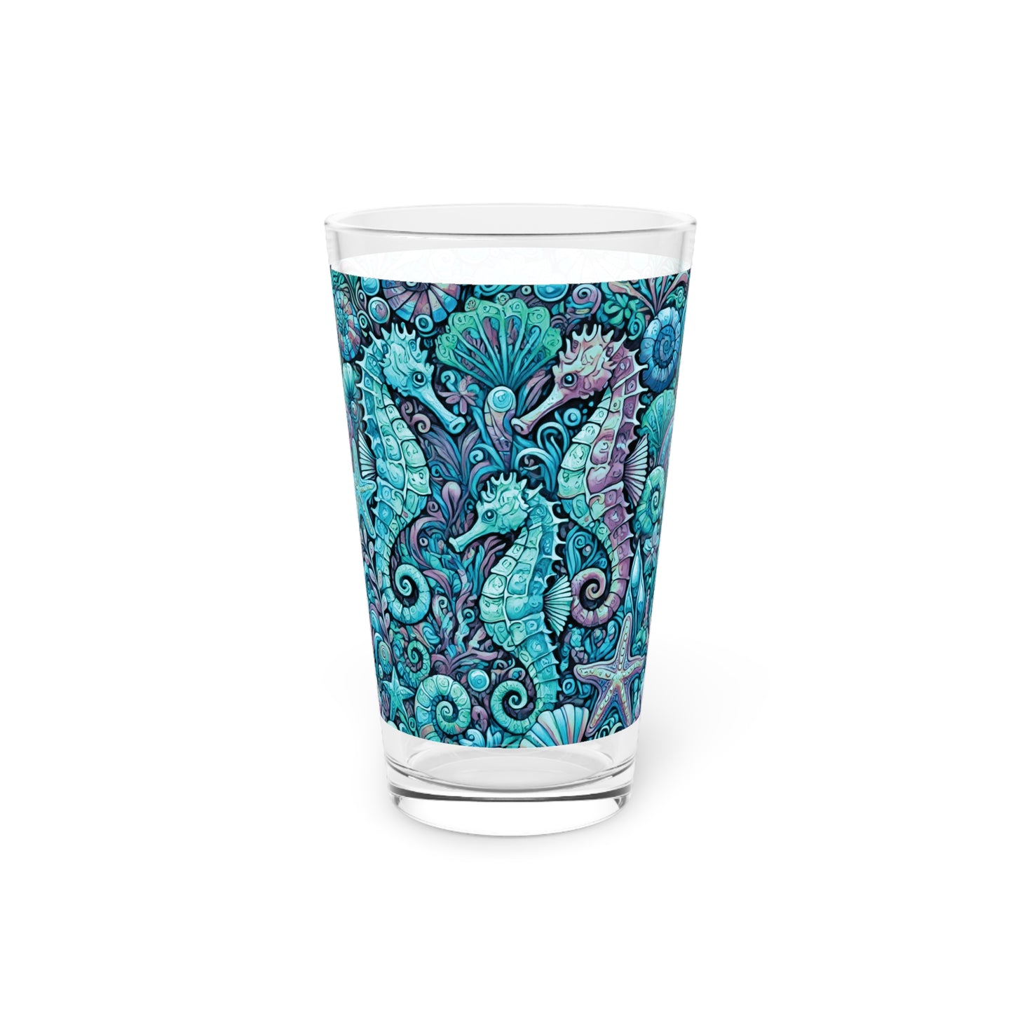 Pint Glass, 16oz - Seahorse Trio Turquoise