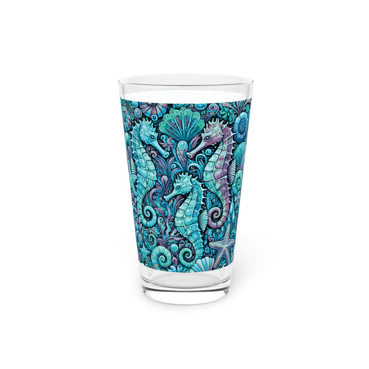 Pint Glass, 16oz - Seahorse Trio Turquoise