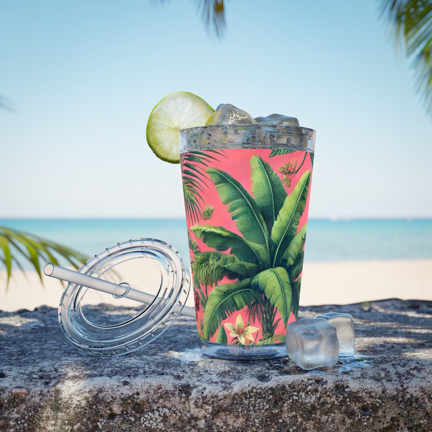 Tropical Tumbler with Straw | 16oz Colorful Travel Cup / More Tropical Fruit, Coral