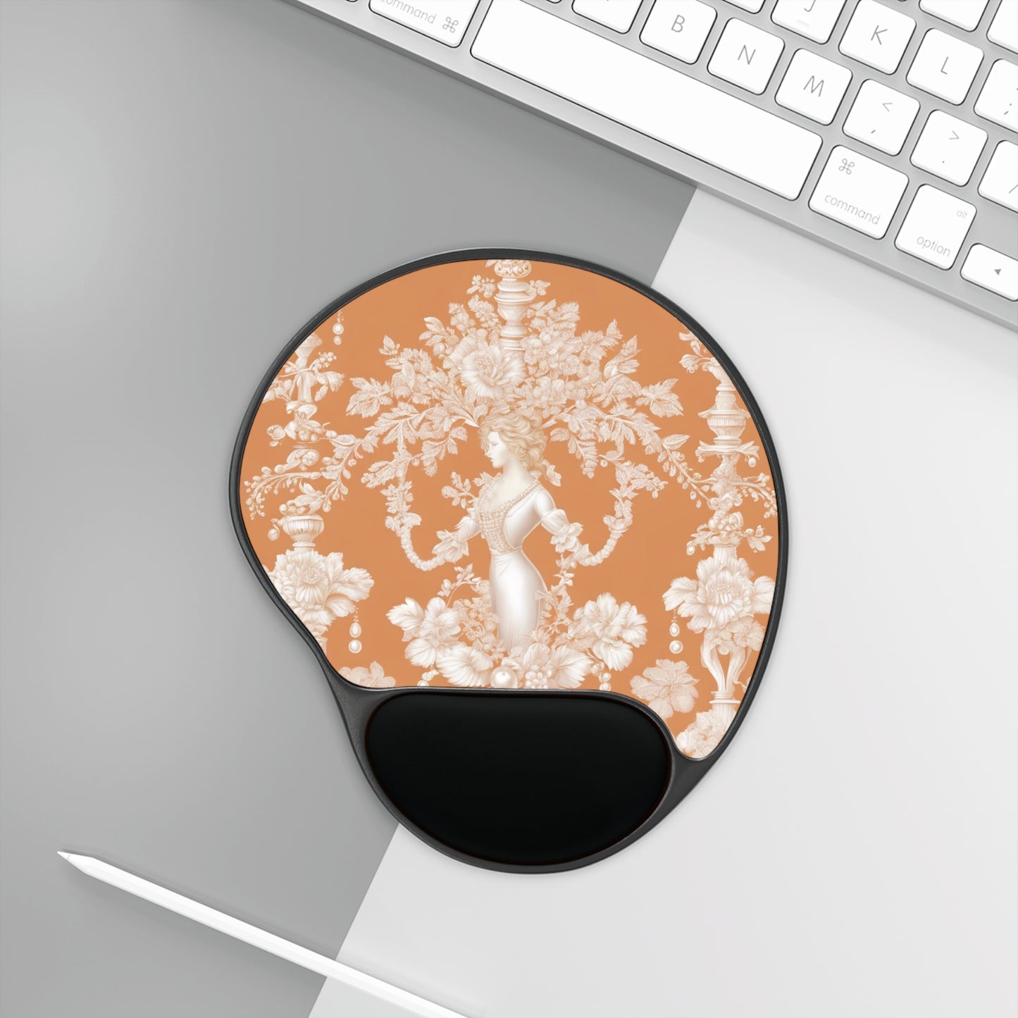 Mouse Pad With Wrist Rest, Pearl Lady Toile, Melon