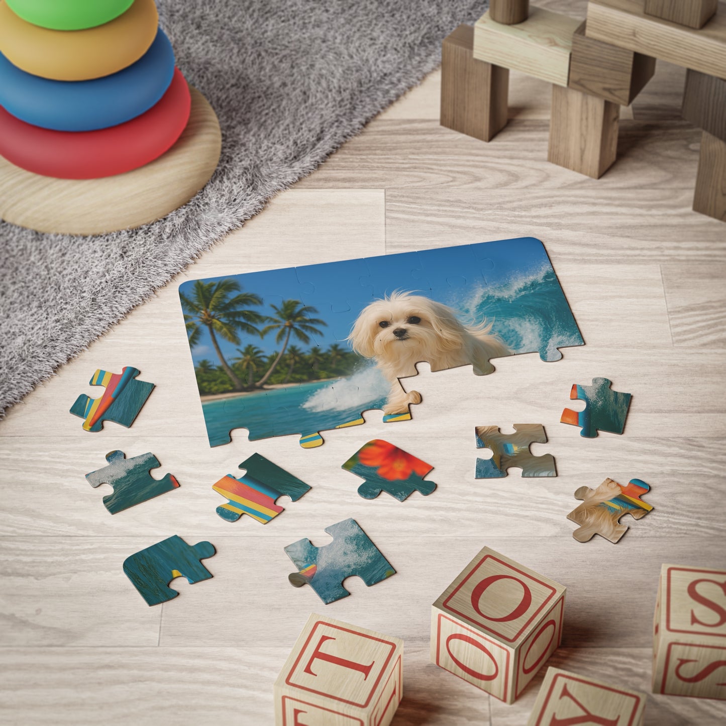 Tropical Kids' Puzzle - 30-Piece Puzzle for Fun and Learning / Puppy Ariel as Dog Surfer