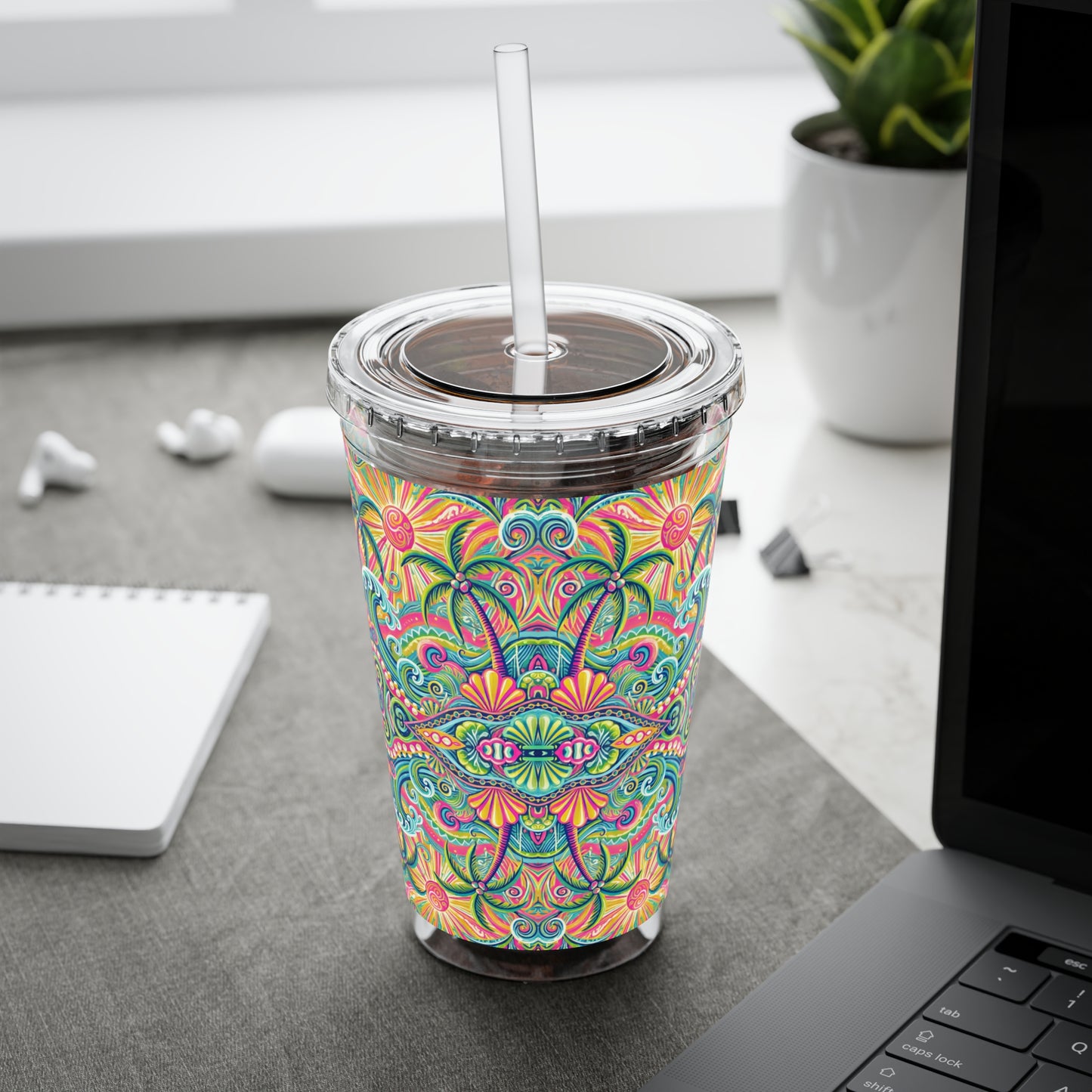 Tropical Tumbler with Straw | 16oz Colorful Travel Cup / Kaleido Bay