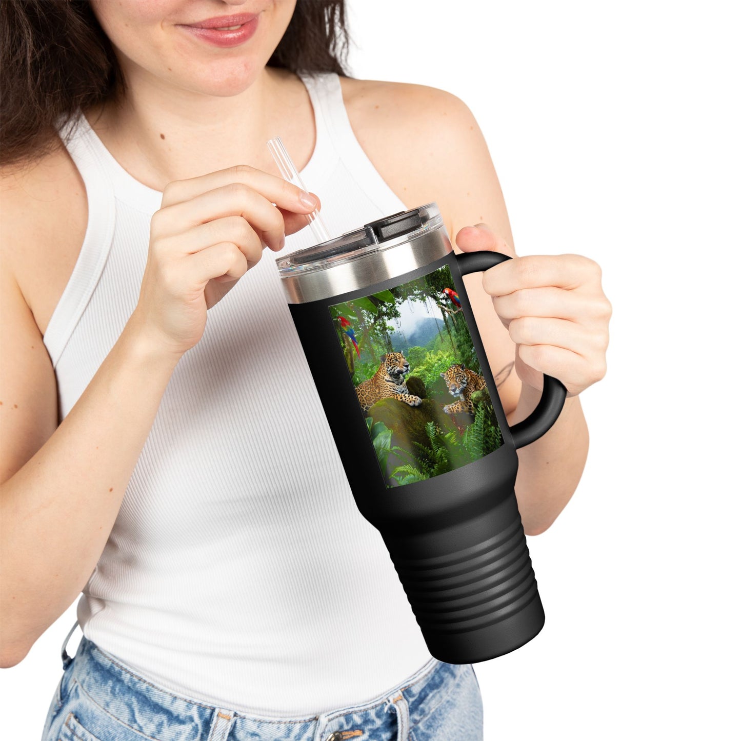 Insulated Travel Mug, 40oz / Jaguars and Parrots - Perfect for Outdoor Adventures