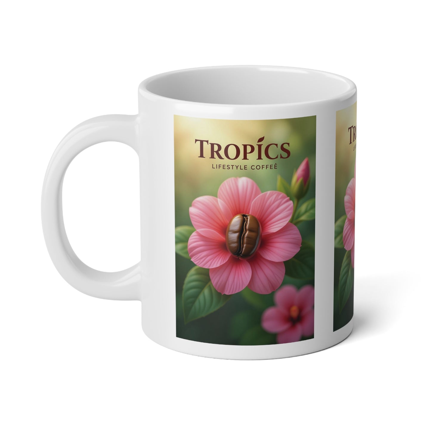 Jumbo Mug, 20oz, Pink Flower/Bean TLCoffee Logo | Tropical Coffee Cup