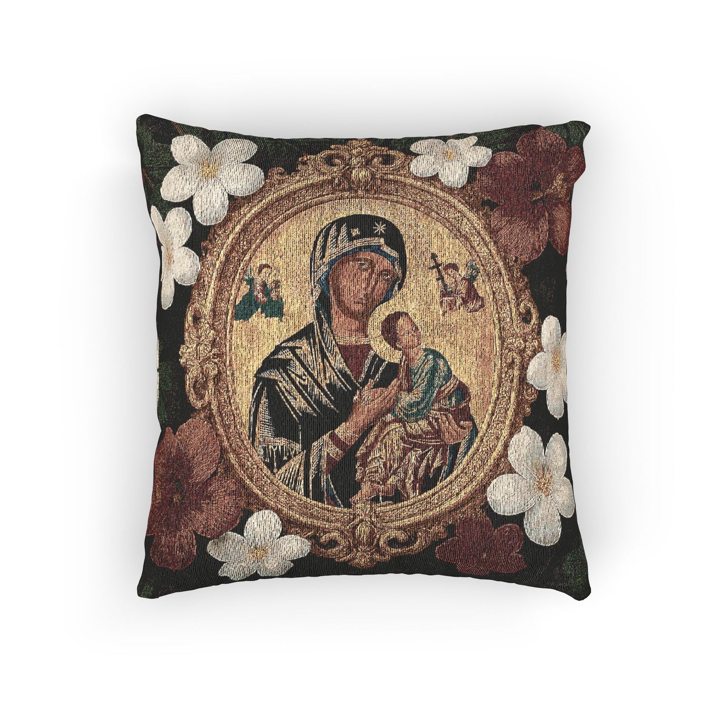 Religious Woven Pillow, 17"W x 18"L - Floral Maria and Child Design