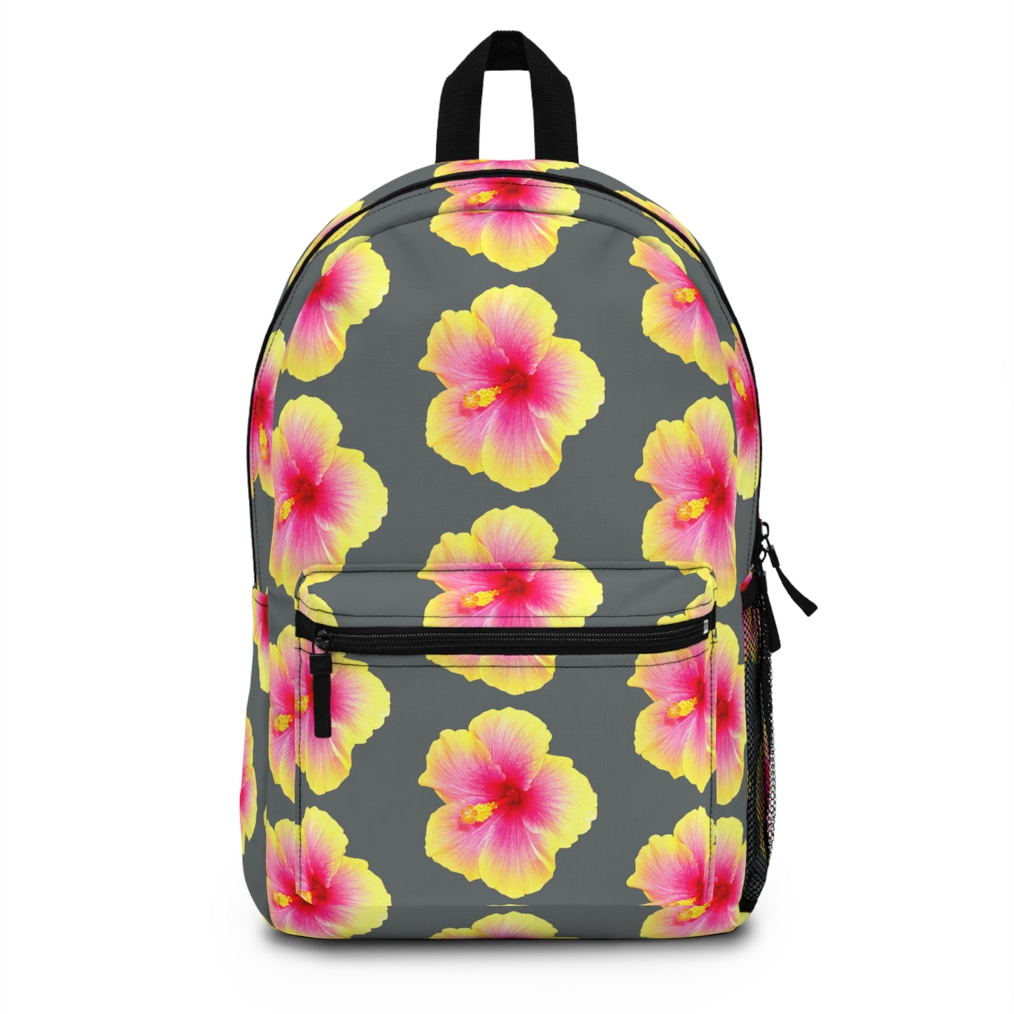 Tropical Backpack / Yellow & Pink Hibiscus Flower/Dark Grey