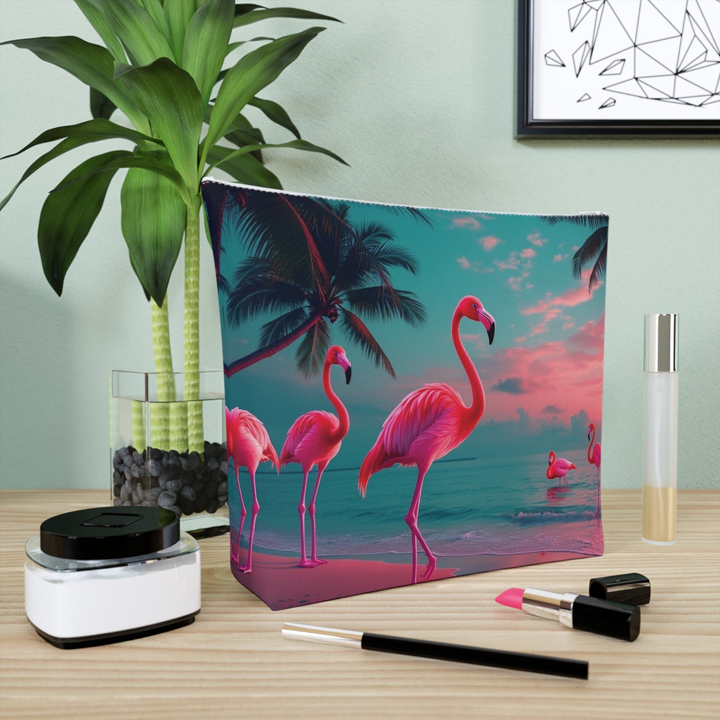 Tropical Cotton Cosmetic Bag, Makeup Pouch, 5 Sizes / Neon Flamingos at Night