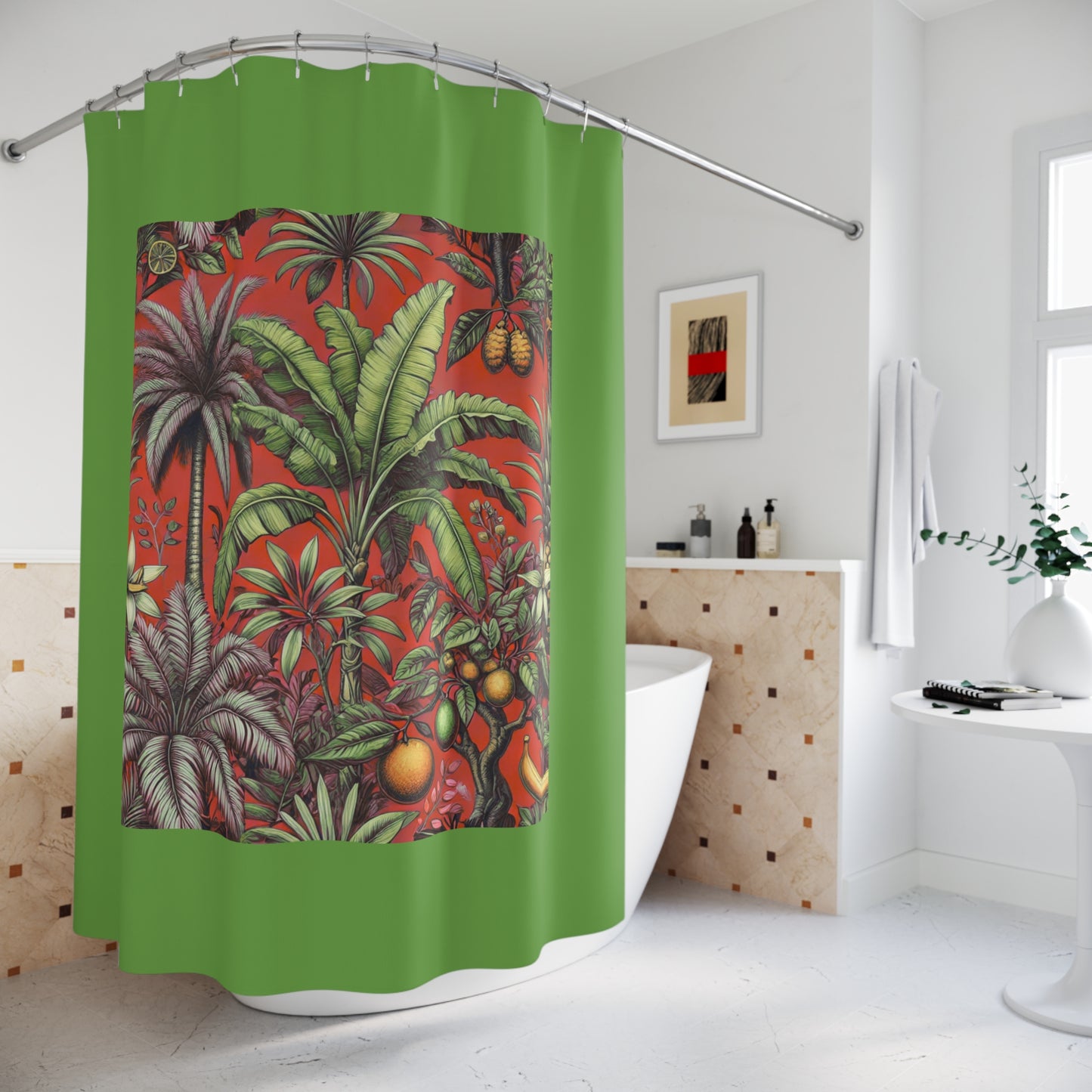 Palm Tree Shower Curtain - Ocean Bathroom Decor / Tropical Fruit/Red, Green