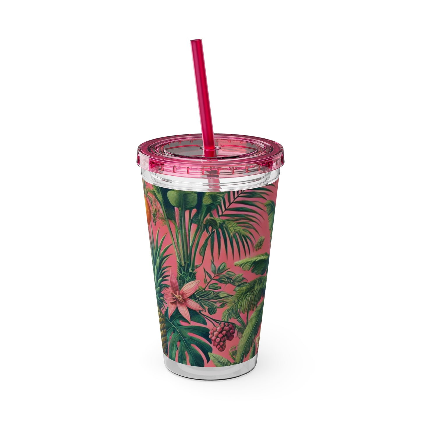 Tropical Tumbler with Straw | 16oz Colorful Travel Cup / More Tropical Fruit, Coral