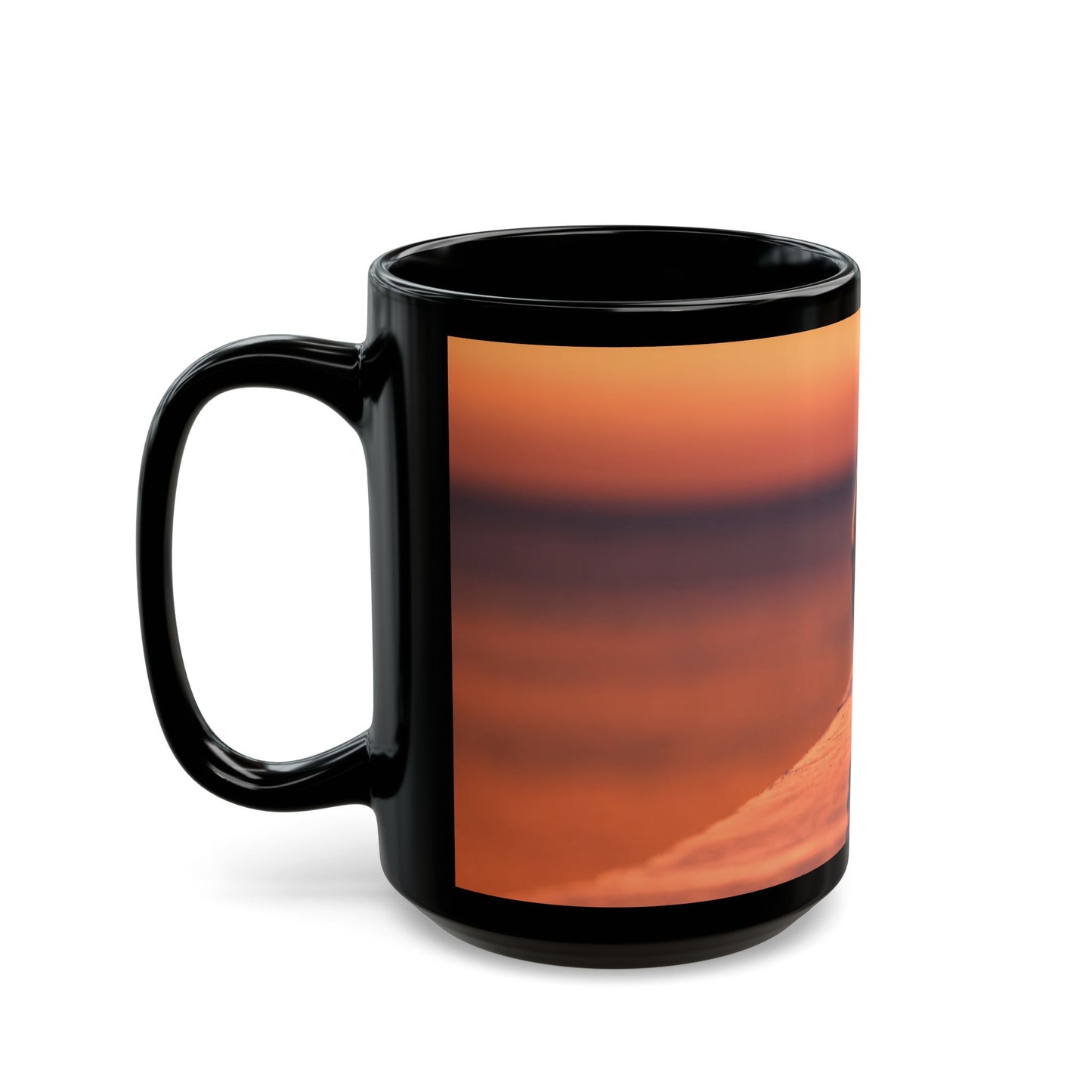 Black Mug (11oz, 15oz), Beach Crystal Ball at Sunset at Ocean Pier