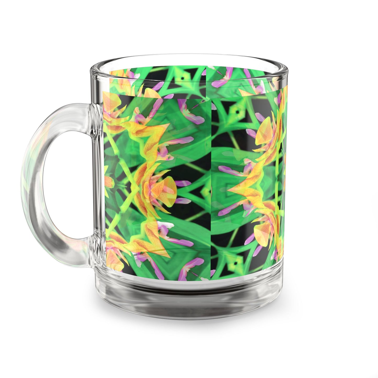 Tropical Glass Mug - 10oz Coffee Cup / Kaleido Orange Orchid