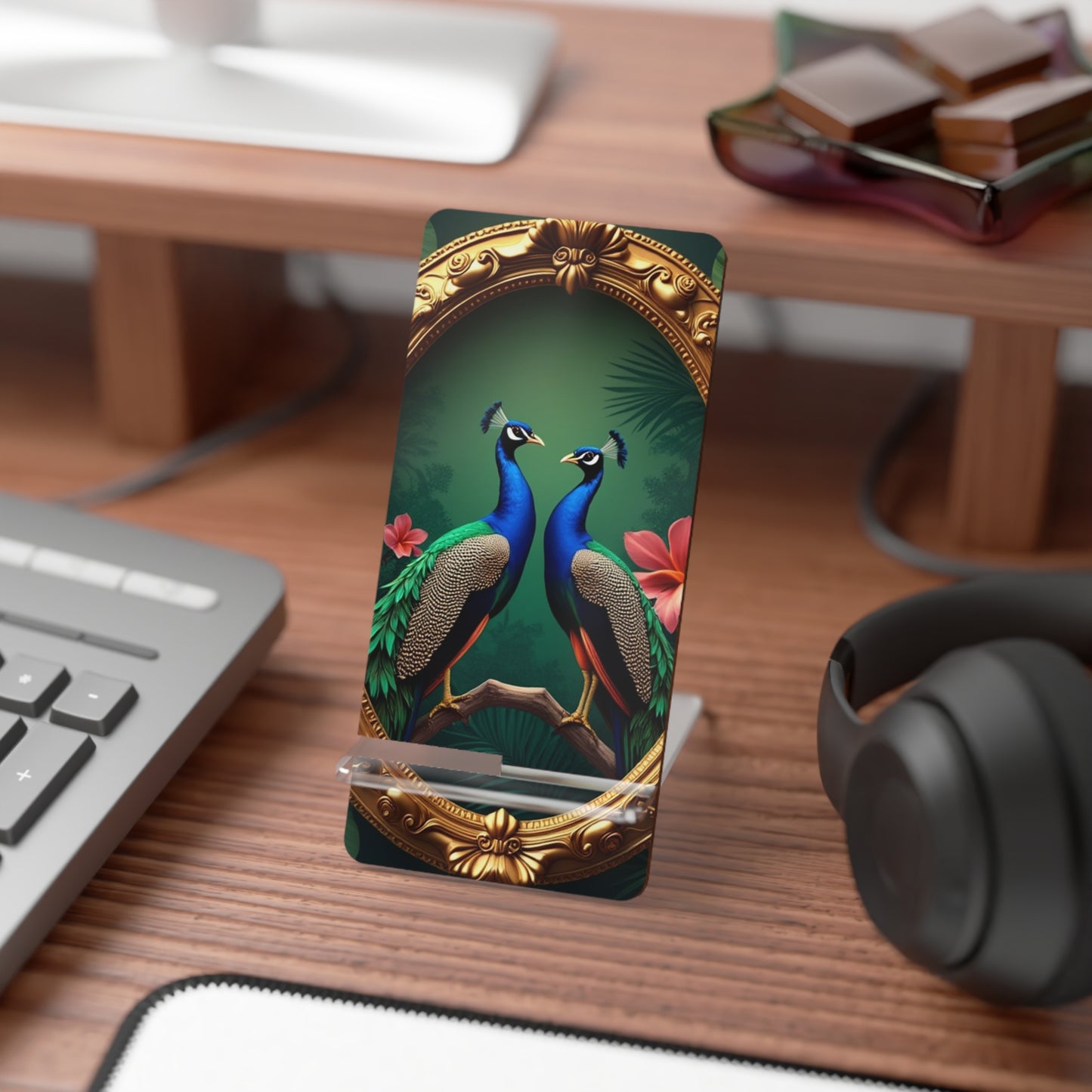 Mobile Display Stand for Smartphones, Framed Two Parrots