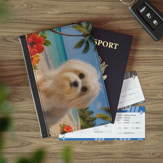 Tropical Passport Cover, Faux Leather - RFID blocking for travel security / Puppy Ariel on the Beach
