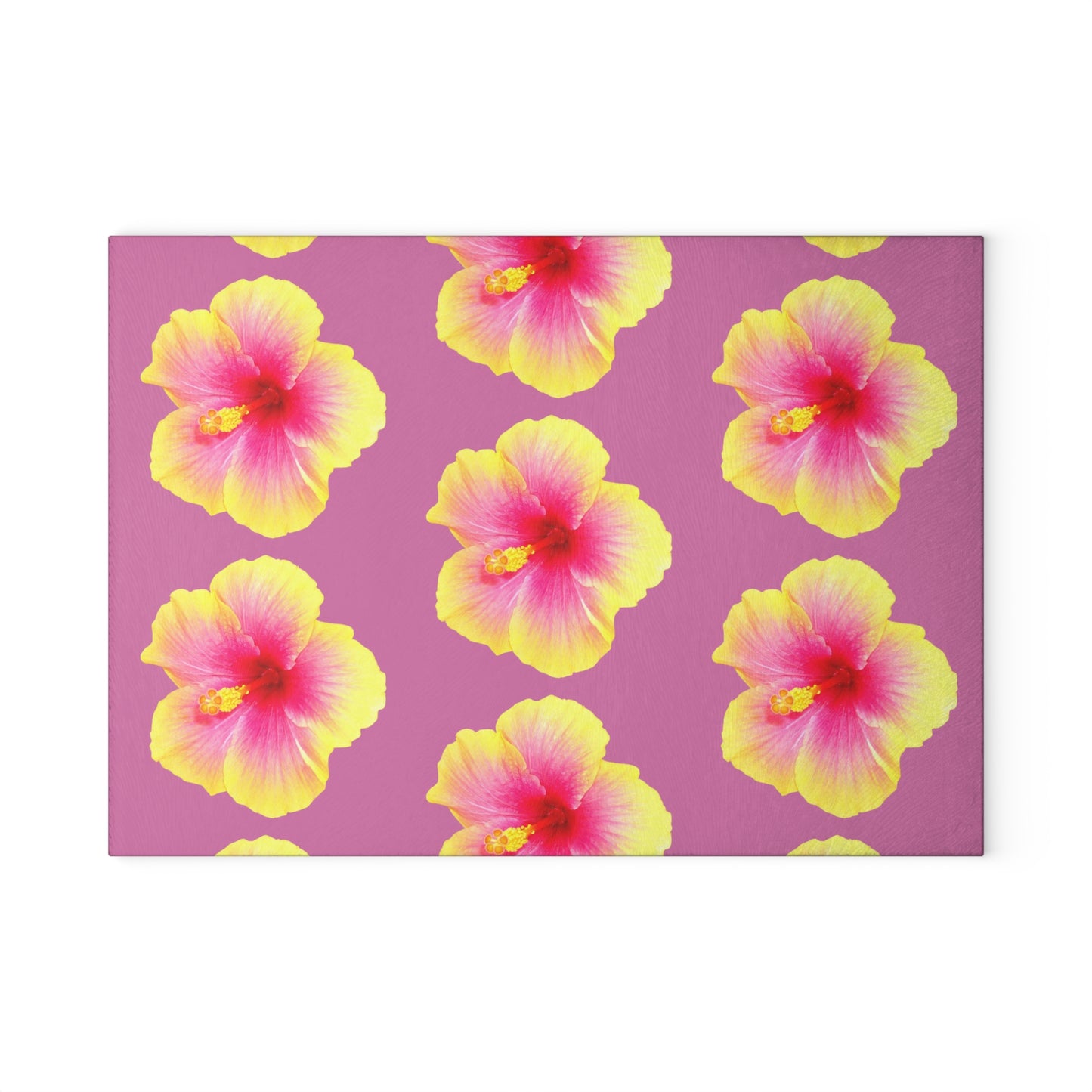 Glass Cutting Board, 2 sizes - Real Yellow & Pink Hibiscus/Lt. Pink