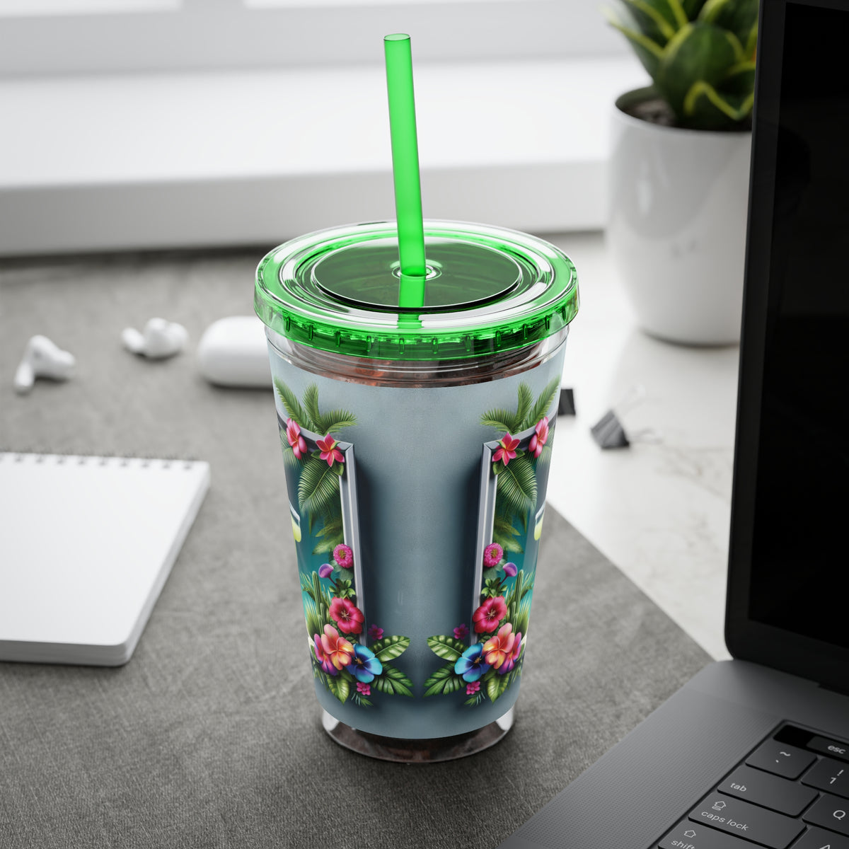 Tropical Tumbler with Straw | 16oz Colorful Travel Cup / Tropical Margarita