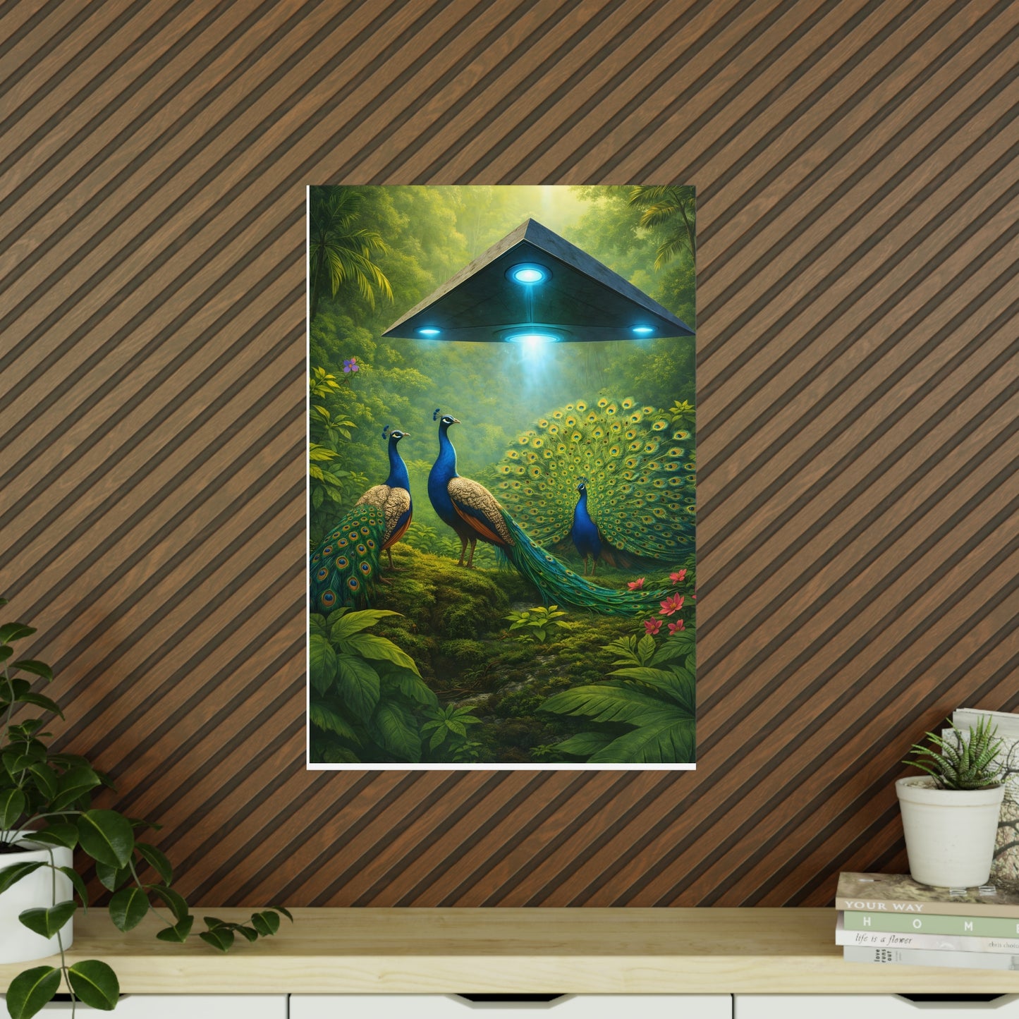 Photopaper Poster — UFO & Peacocks Sci‑Fi Wall Art