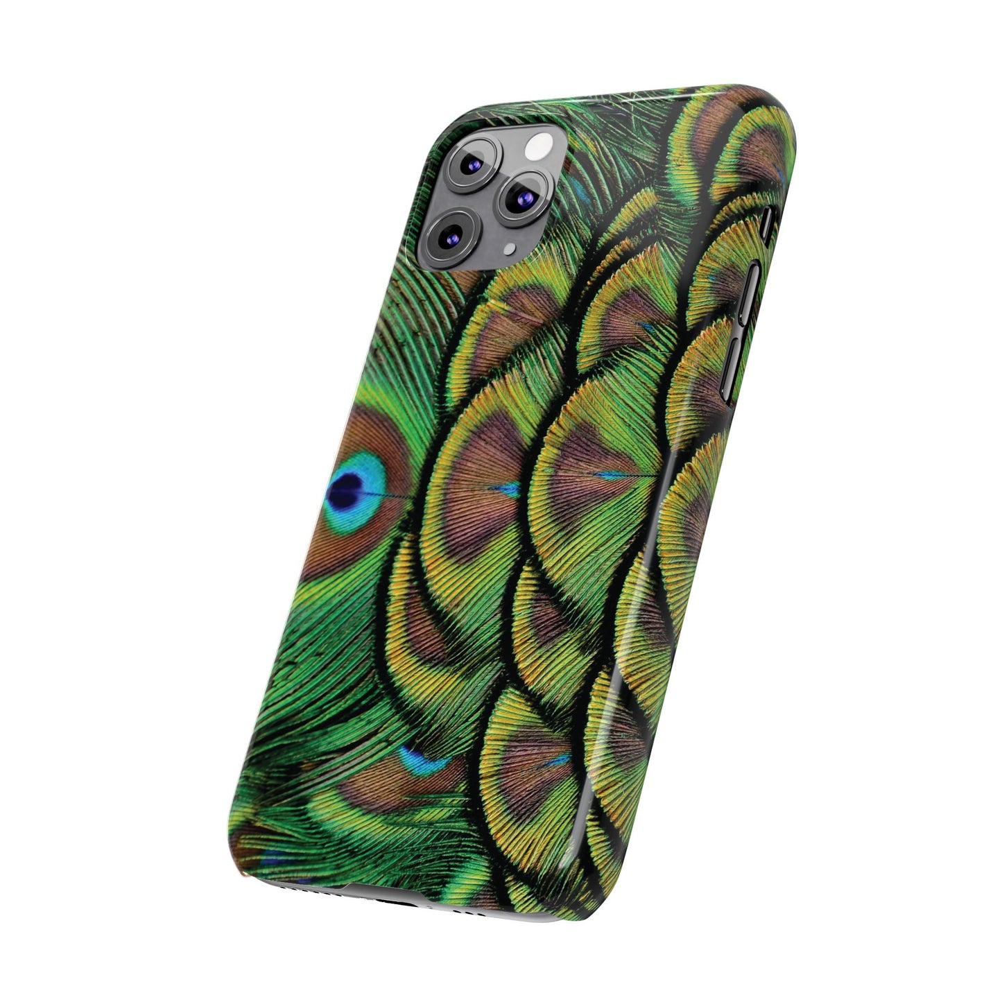 Slim Phone Cases - Brilliant Green Peacock Feathers