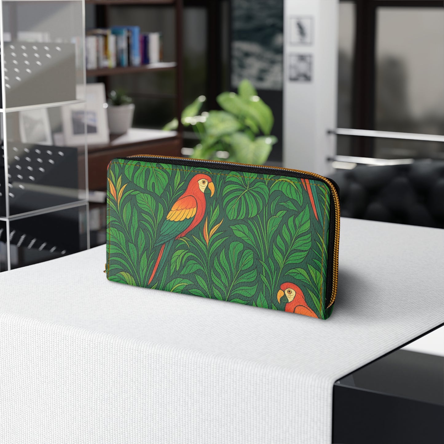 Tropical Zipper Wallet, Faux Leather / Vibrant Clutch / Parrot Family