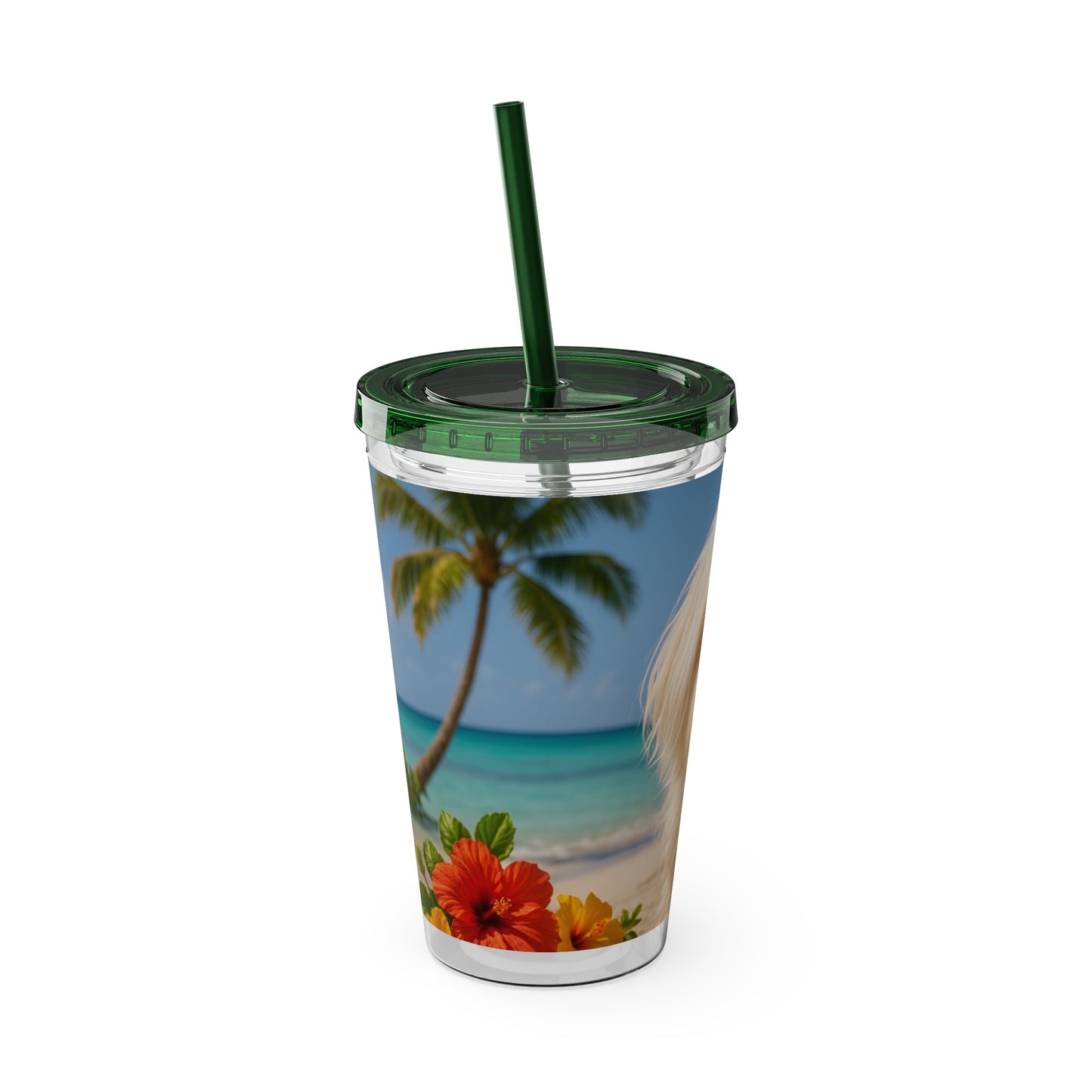 Tropical Tumbler with Straw | 16oz Colorful Travel Cup / Puppy Ariel at the Beach