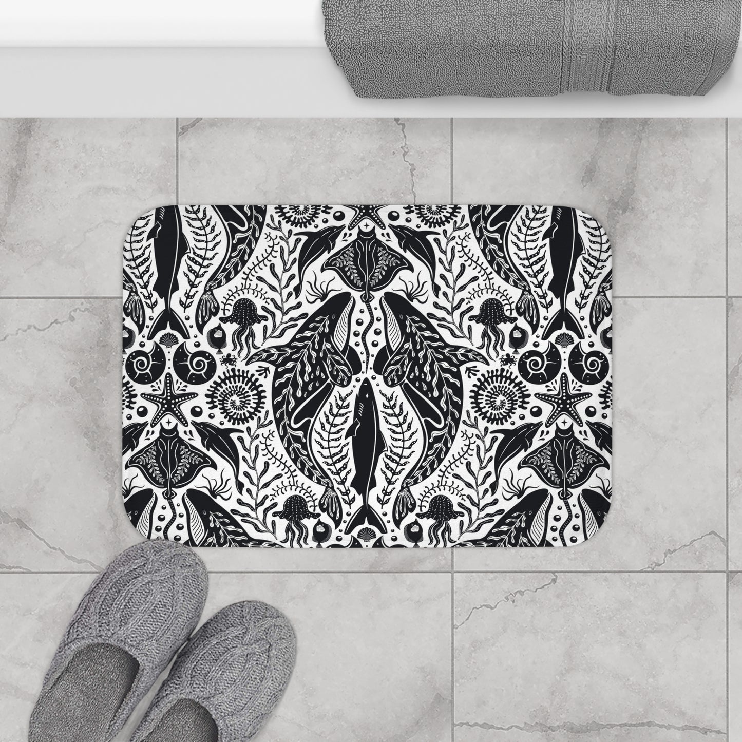 Tropical Bath Mat | Fun and Colorful Bathroom Decor / Mystic Ocean, Black