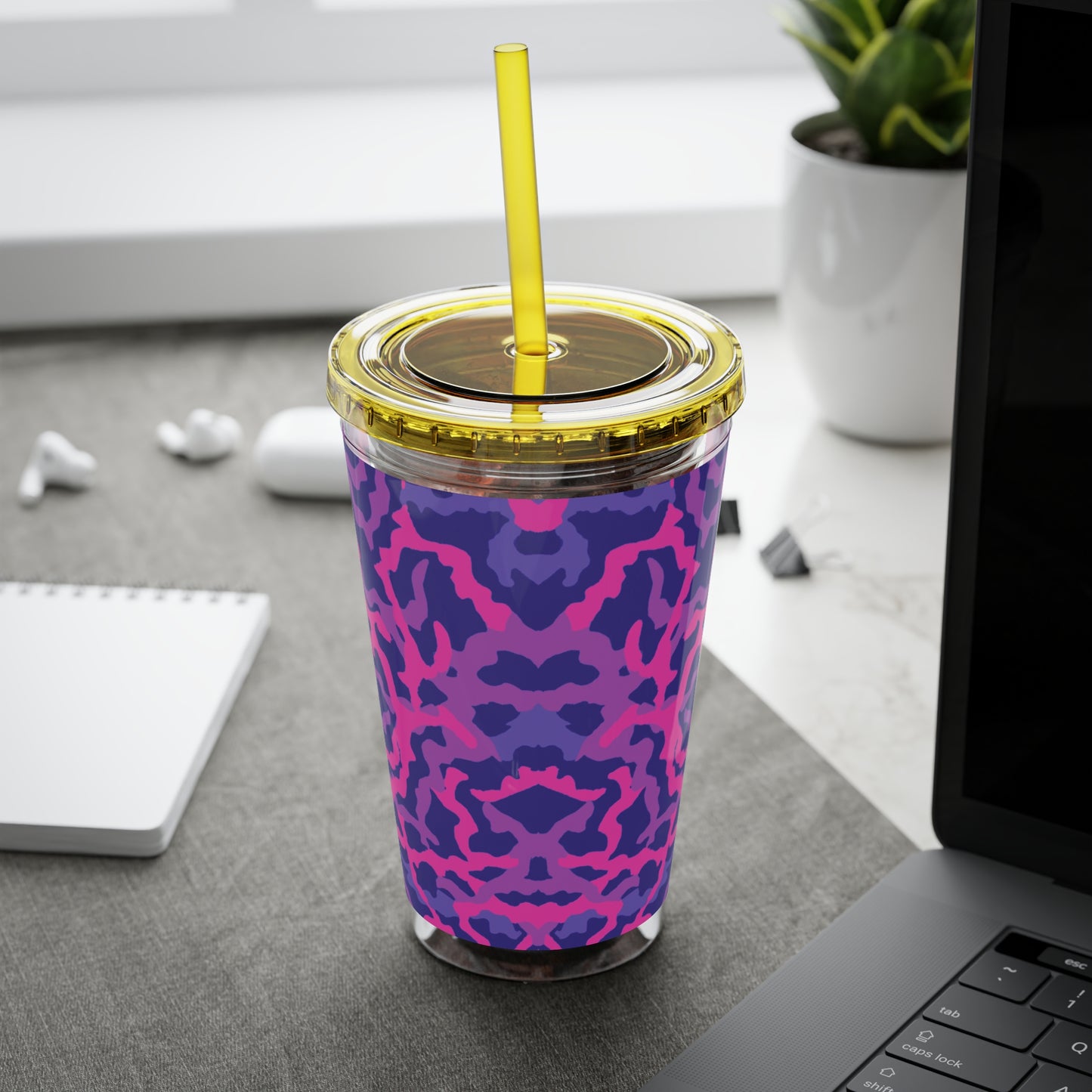 Tropical Tumbler with Straw | 16oz Colorful Travel Cup / Coral Threads, Heatwave